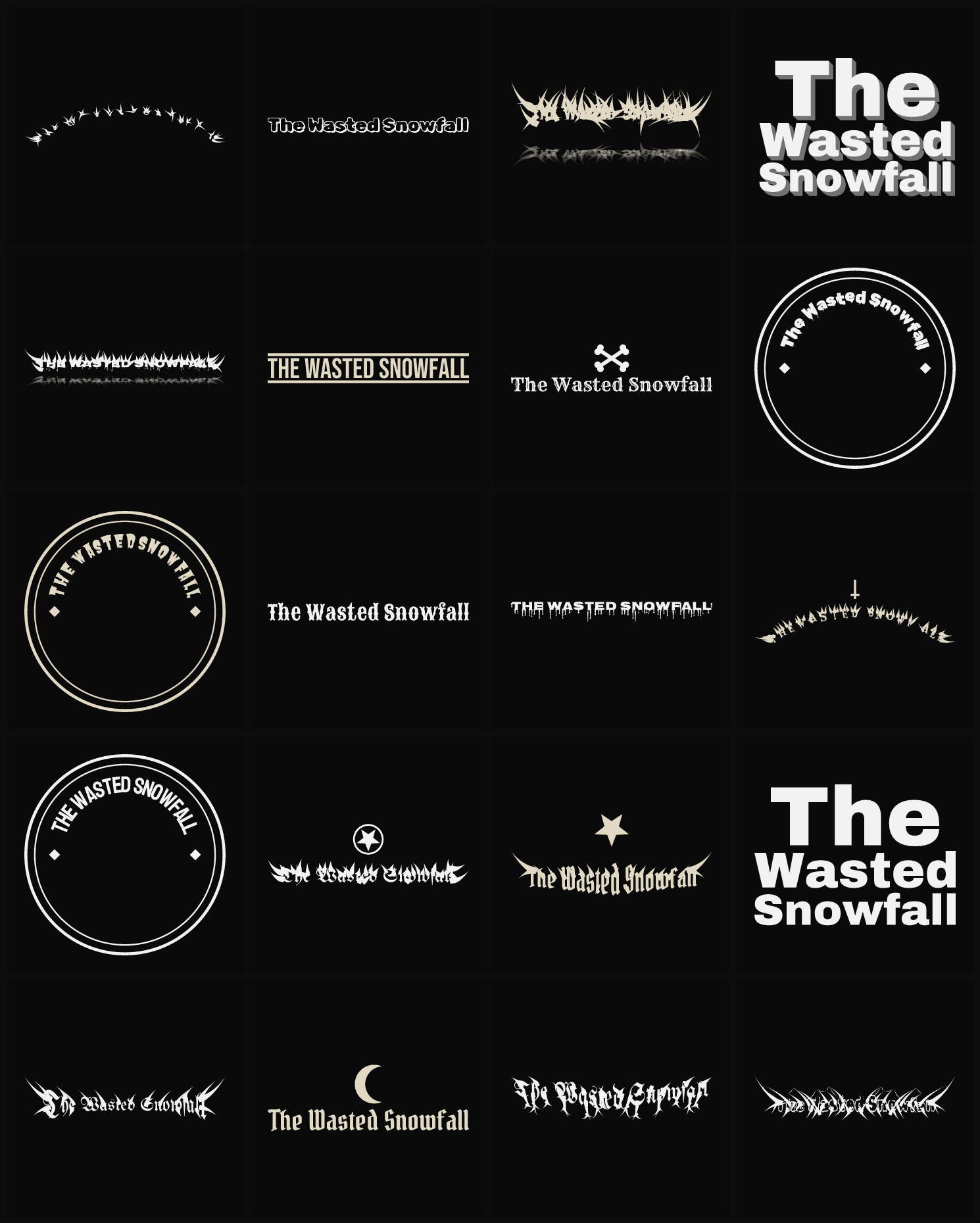 Twenty The Wasted Snowfall band logo ideas — different faces, treatments and spike settings