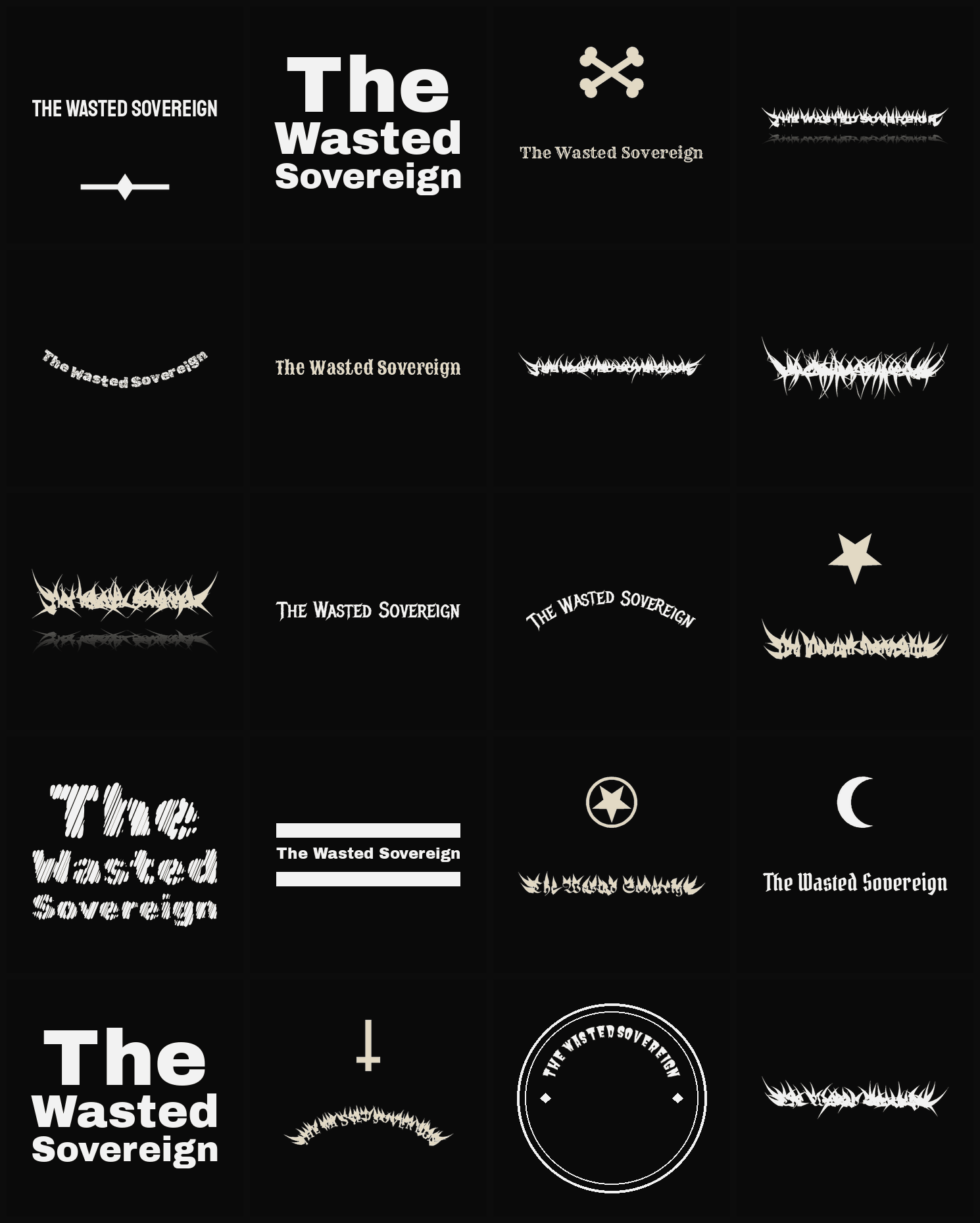 Twenty The Wasted Sovereign band logo ideas — different faces, treatments and spike settings