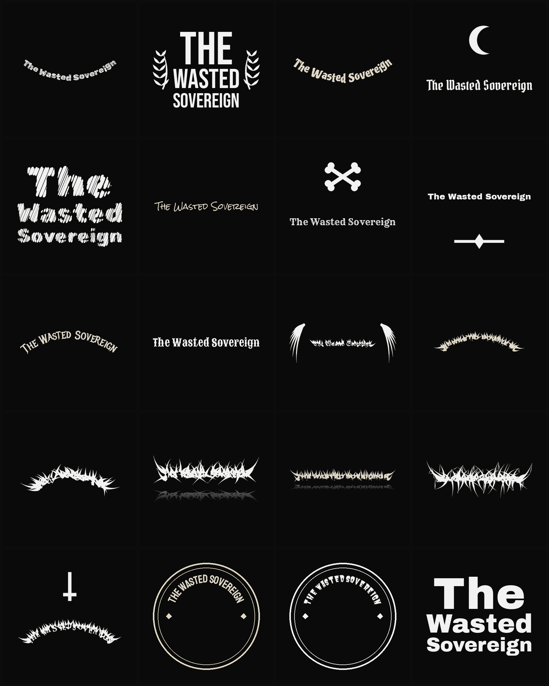 Twenty The Wasted Sovereign band logo ideas — different faces, treatments and spike settings