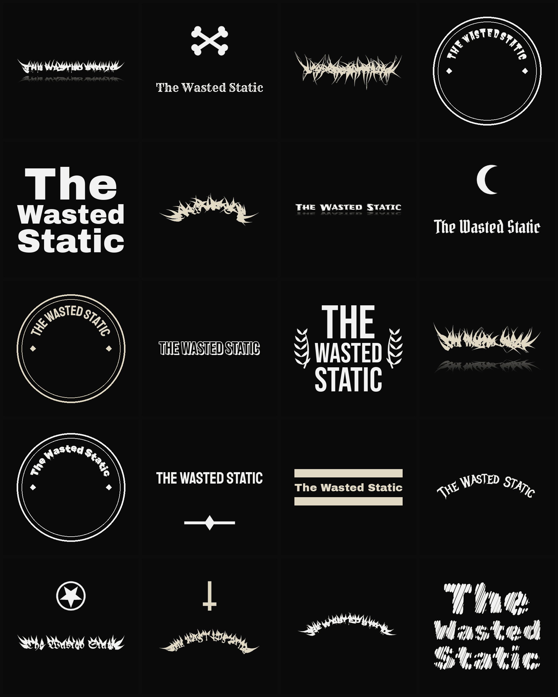 Twenty The Wasted Static band logo ideas — different faces, treatments and spike settings