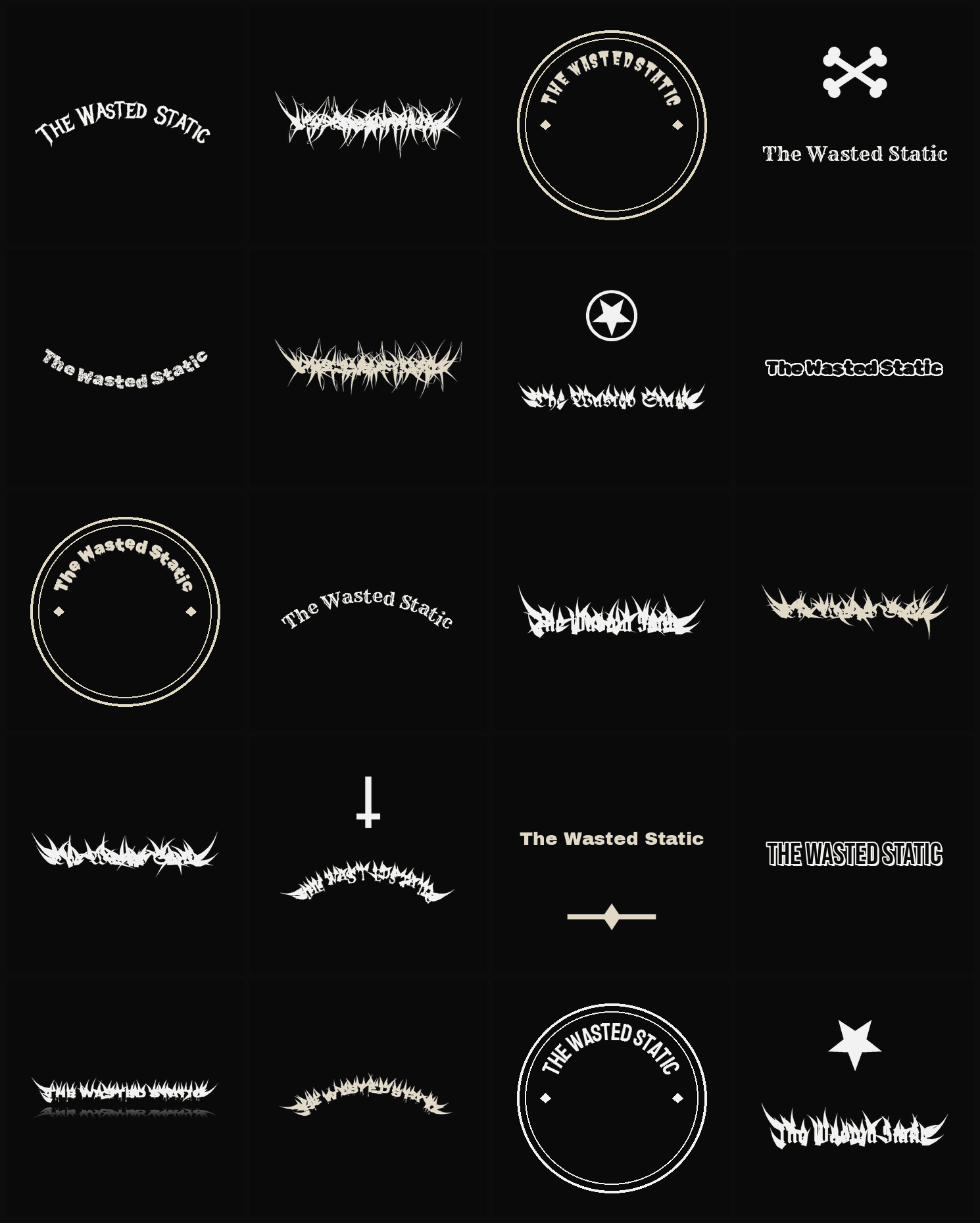 Twenty The Wasted Static band logo ideas — different faces, treatments and spike settings