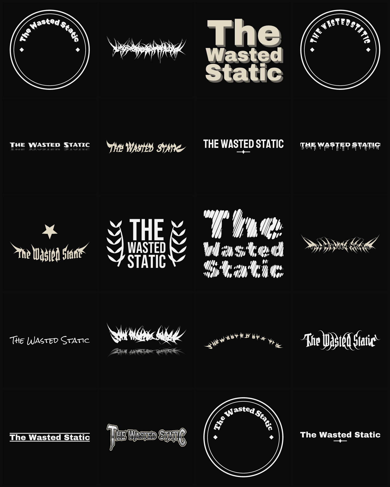 Twenty The Wasted Static band logo ideas — different faces, treatments and spike settings
