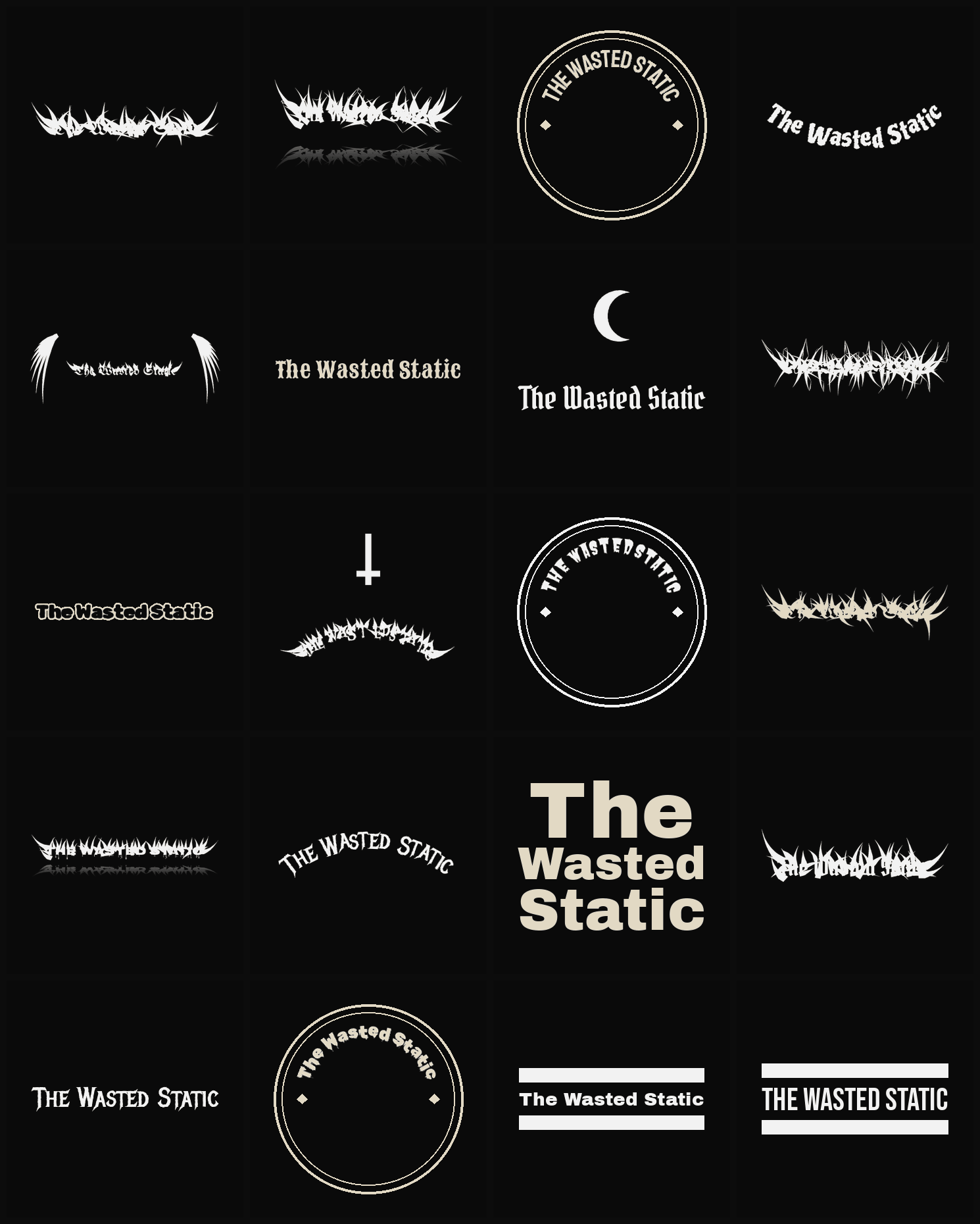 Twenty The Wasted Static band logo ideas — different faces, treatments and spike settings