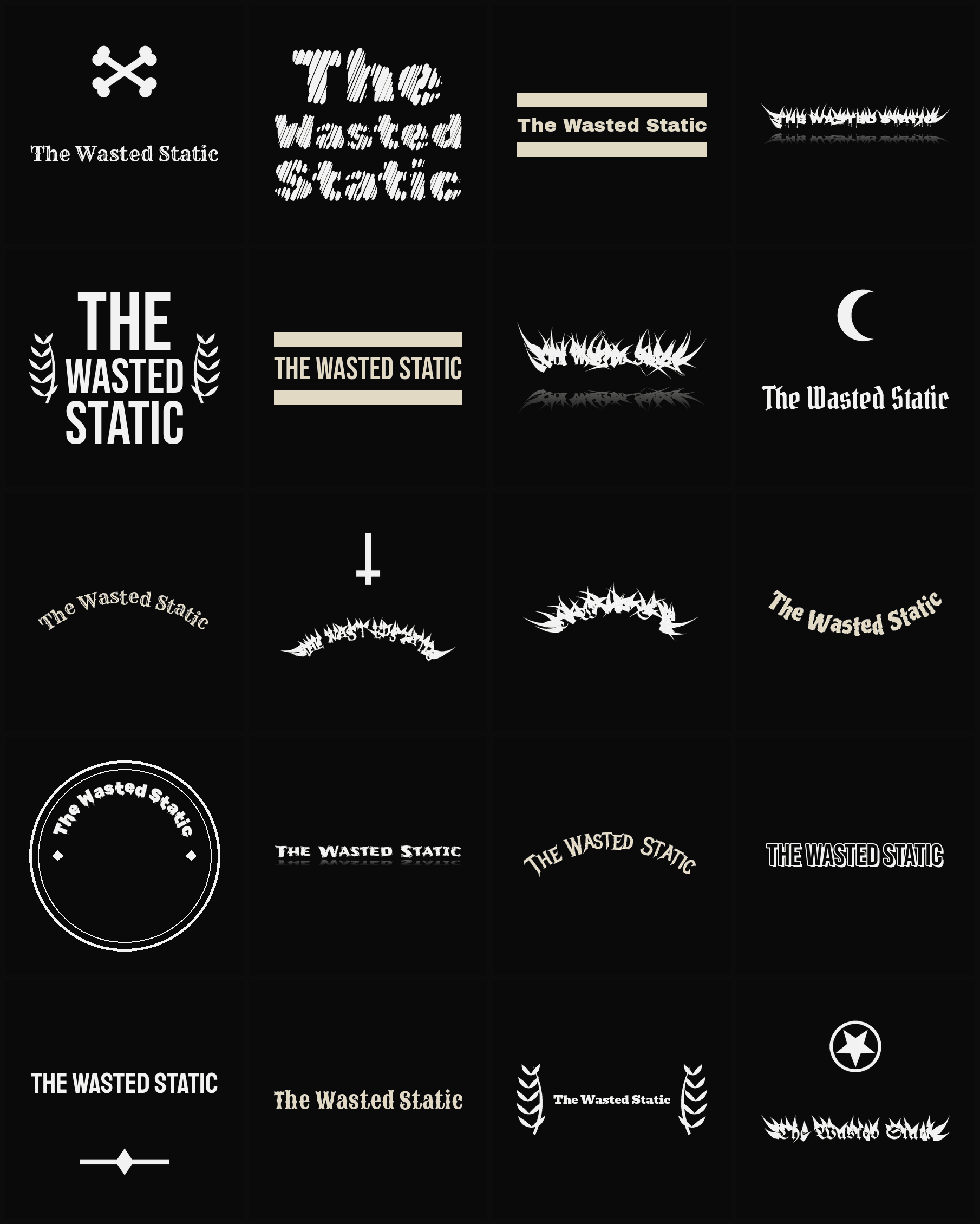 Twenty The Wasted Static band logo ideas — different faces, treatments and spike settings
