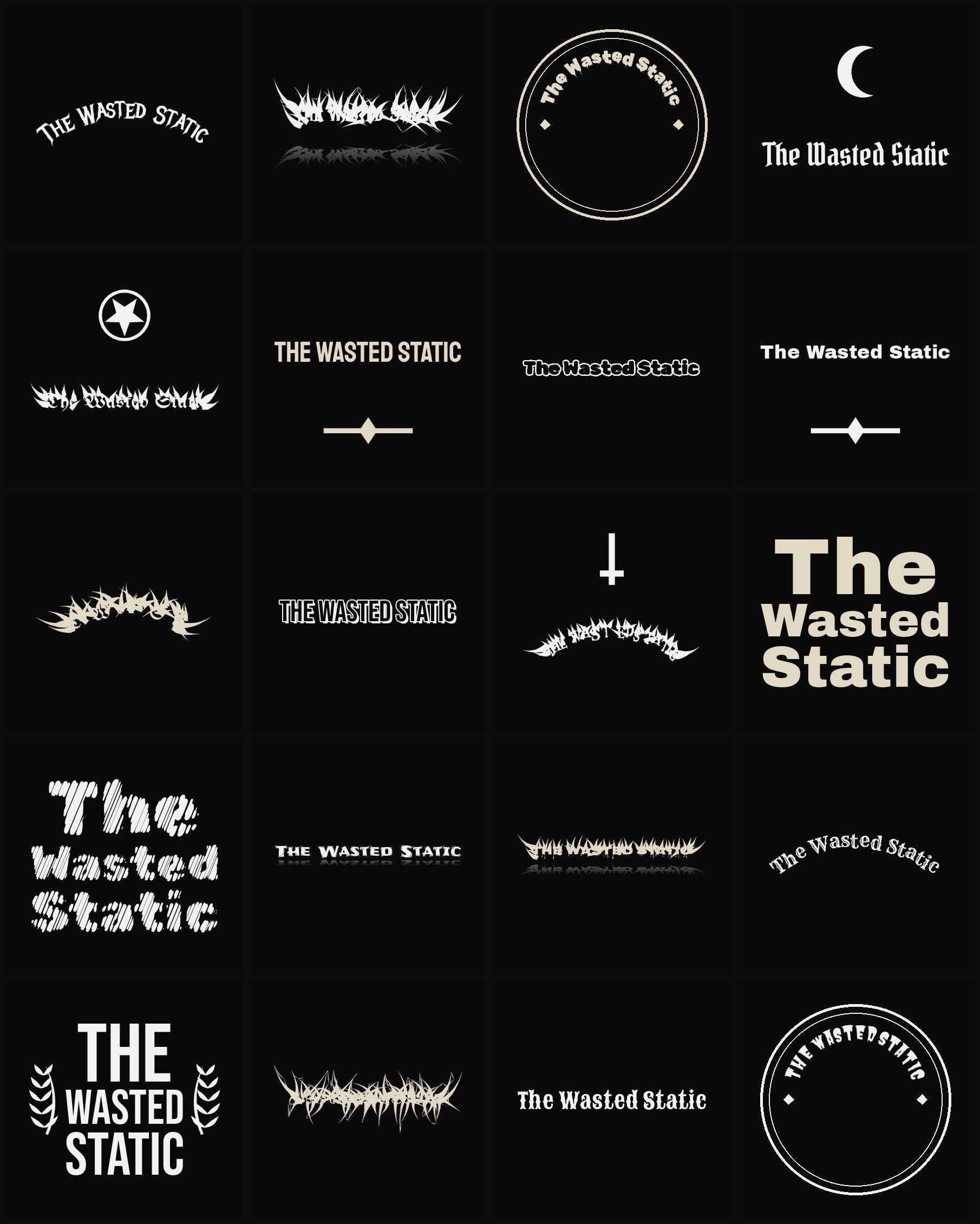 Twenty The Wasted Static band logo ideas — different faces, treatments and spike settings