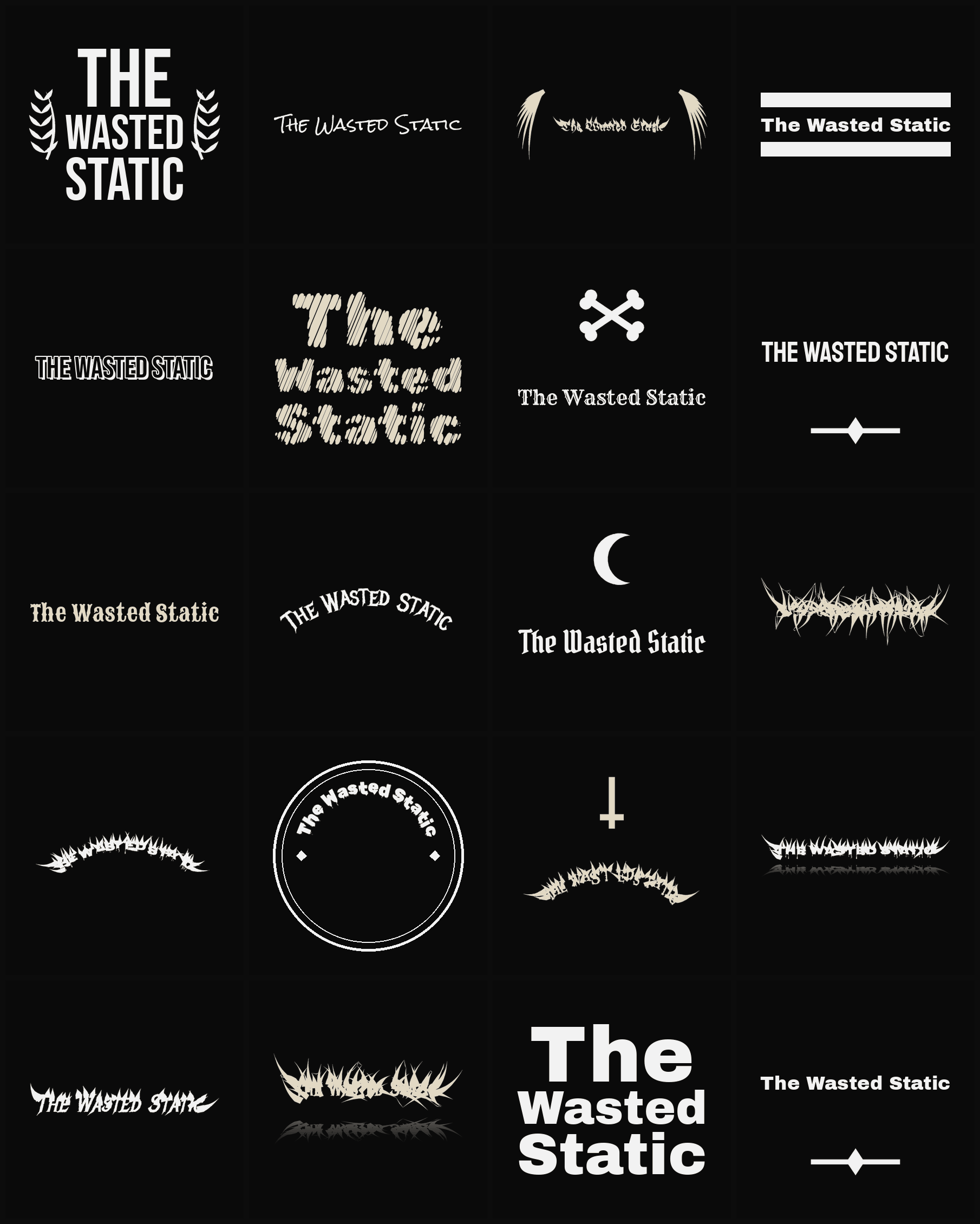 Twenty The Wasted Static band logo ideas — different faces, treatments and spike settings