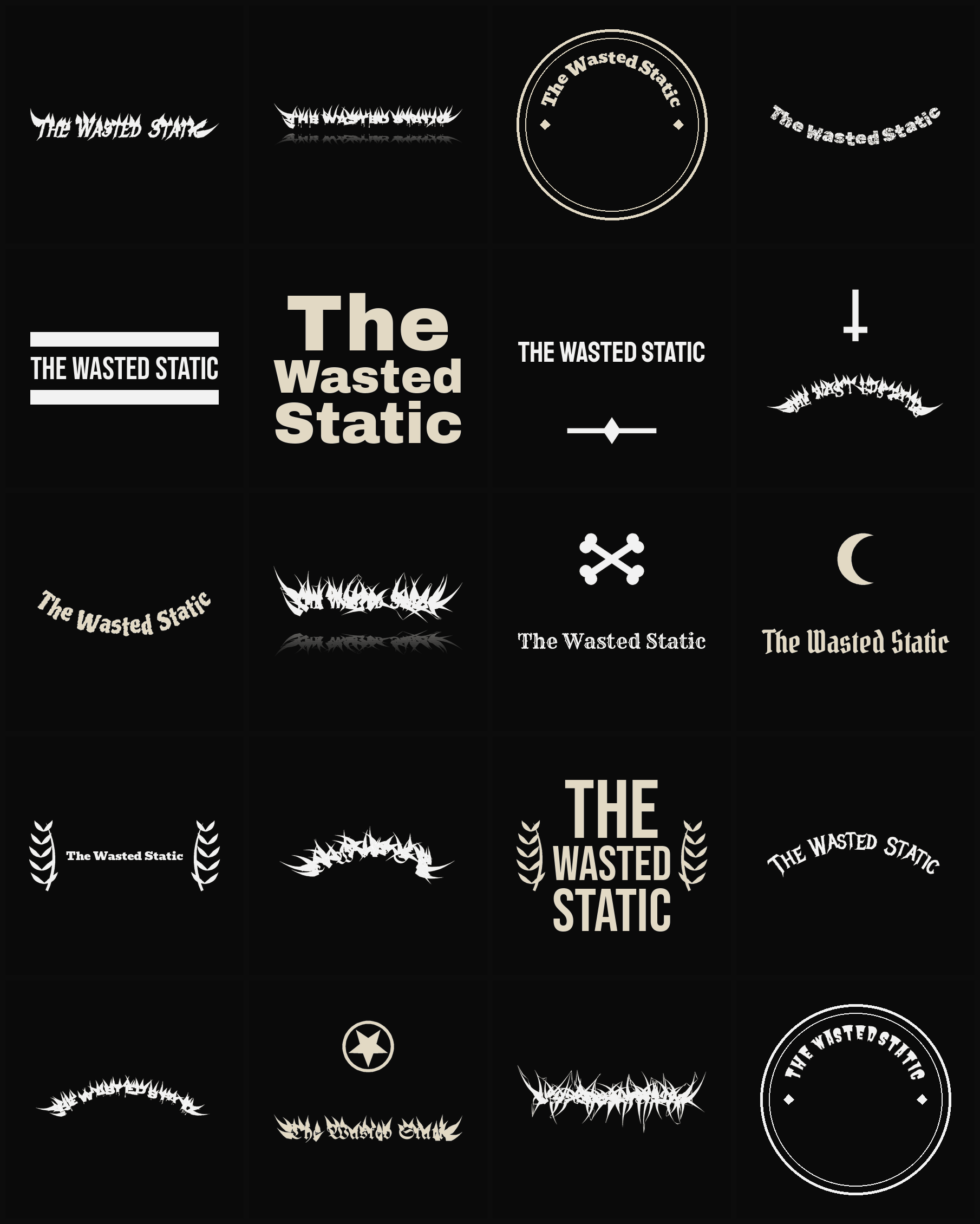 Twenty The Wasted Static band logo ideas — different faces, treatments and spike settings