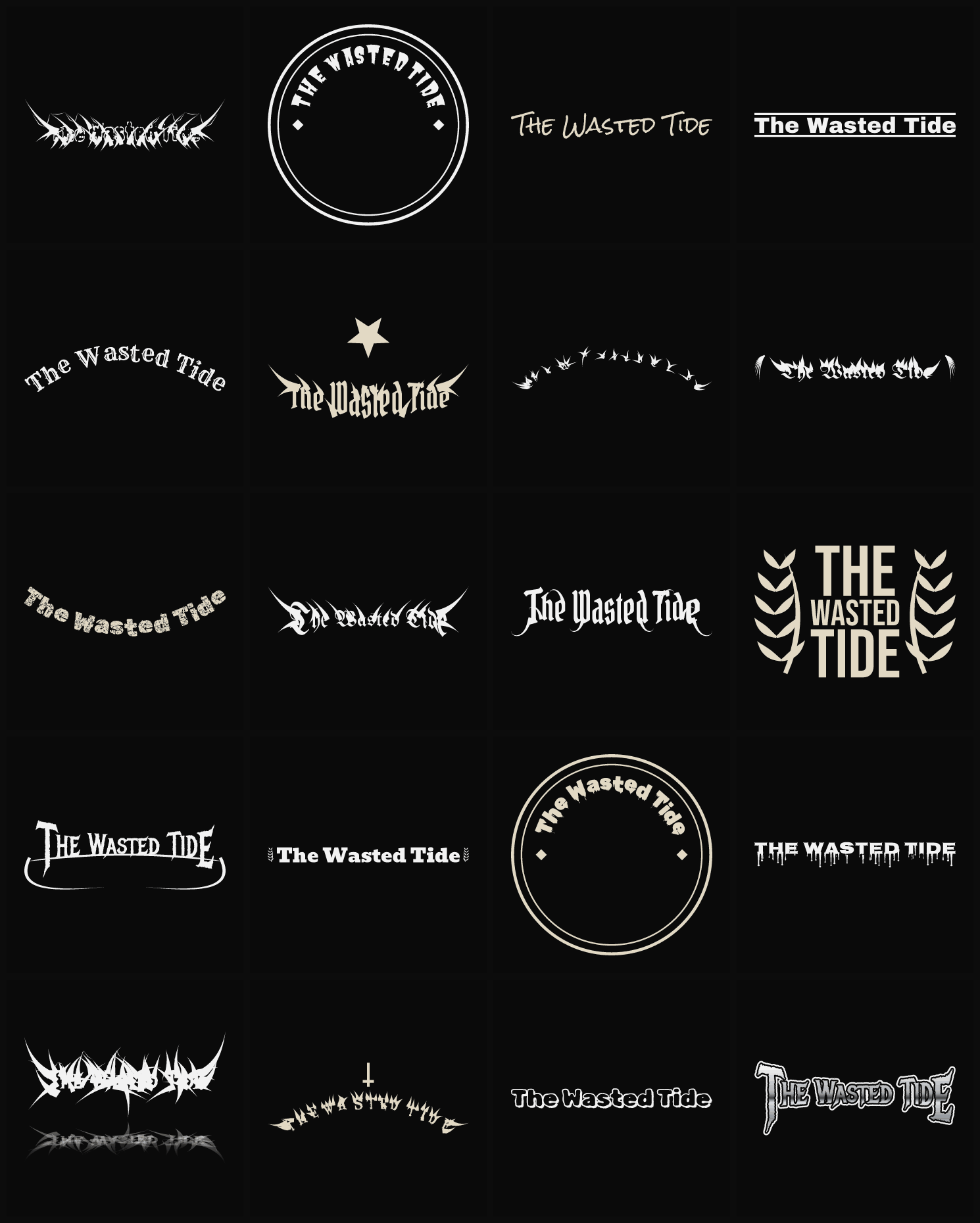Twenty The Wasted Tide band logo ideas — different faces, treatments and spike settings