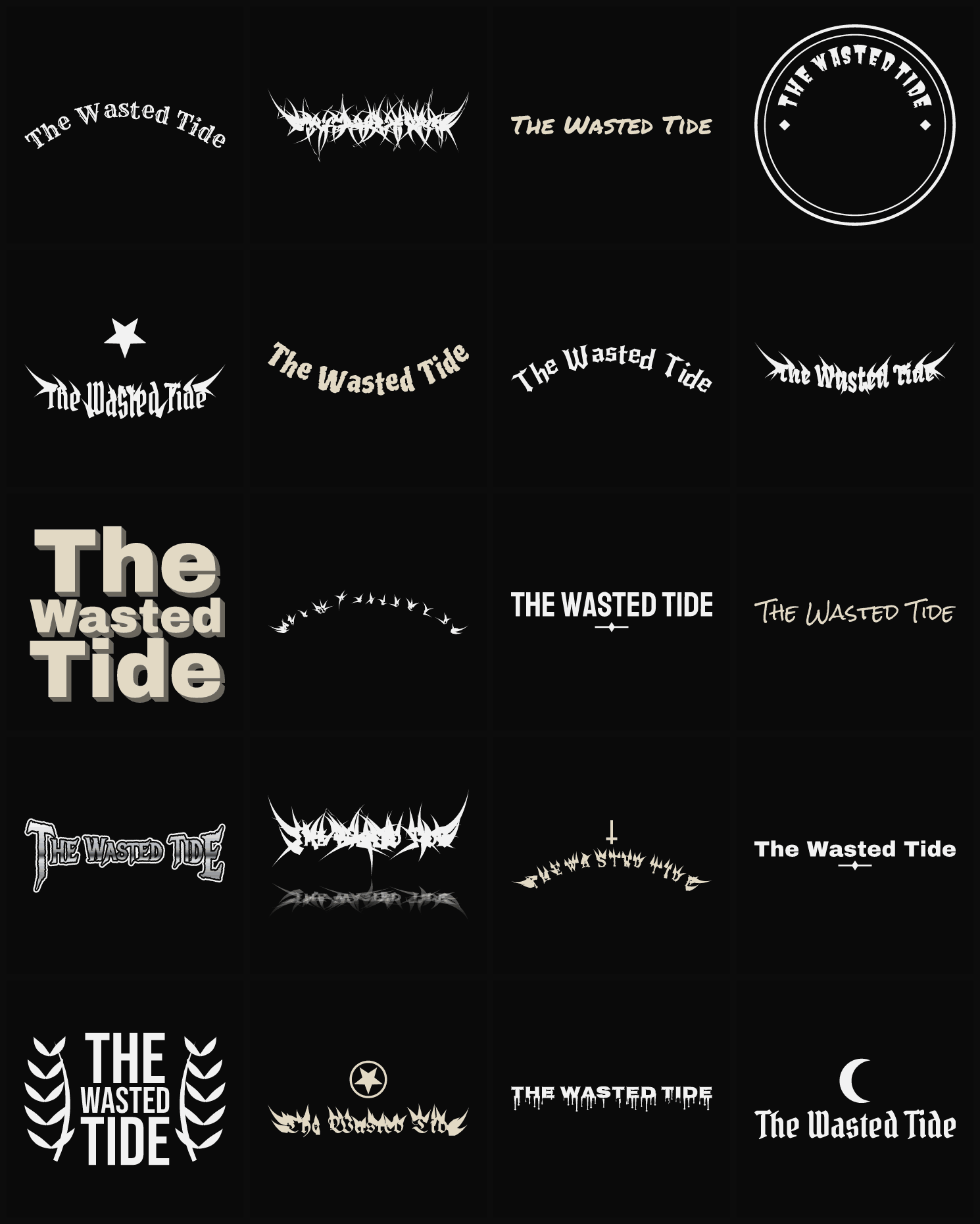 Twenty The Wasted Tide band logo ideas — different faces, treatments and spike settings