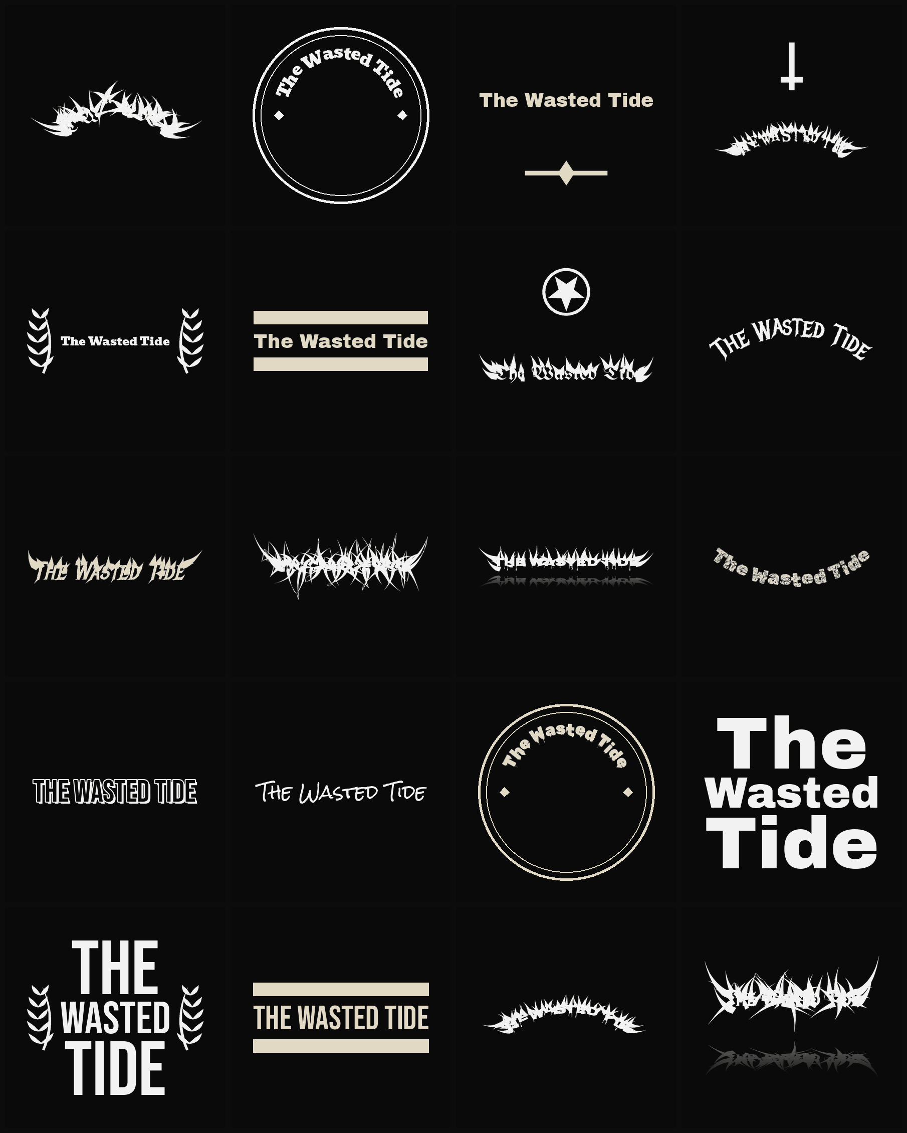 Twenty The Wasted Tide band logo ideas — different faces, treatments and spike settings