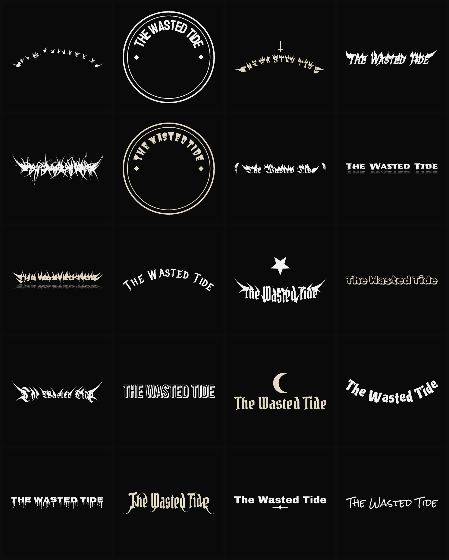 Twenty The Wasted Tide band logo ideas — different faces, treatments and spike settings