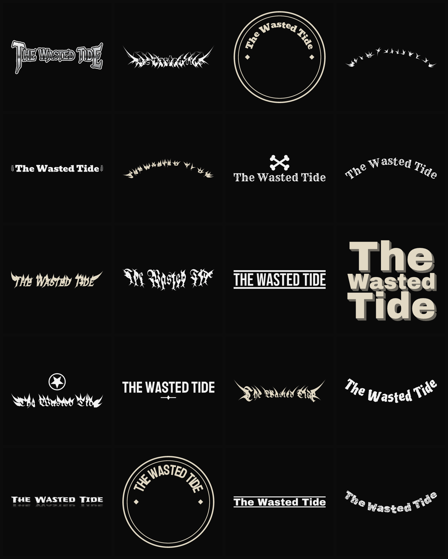 Twenty The Wasted Tide band logo ideas — different faces, treatments and spike settings