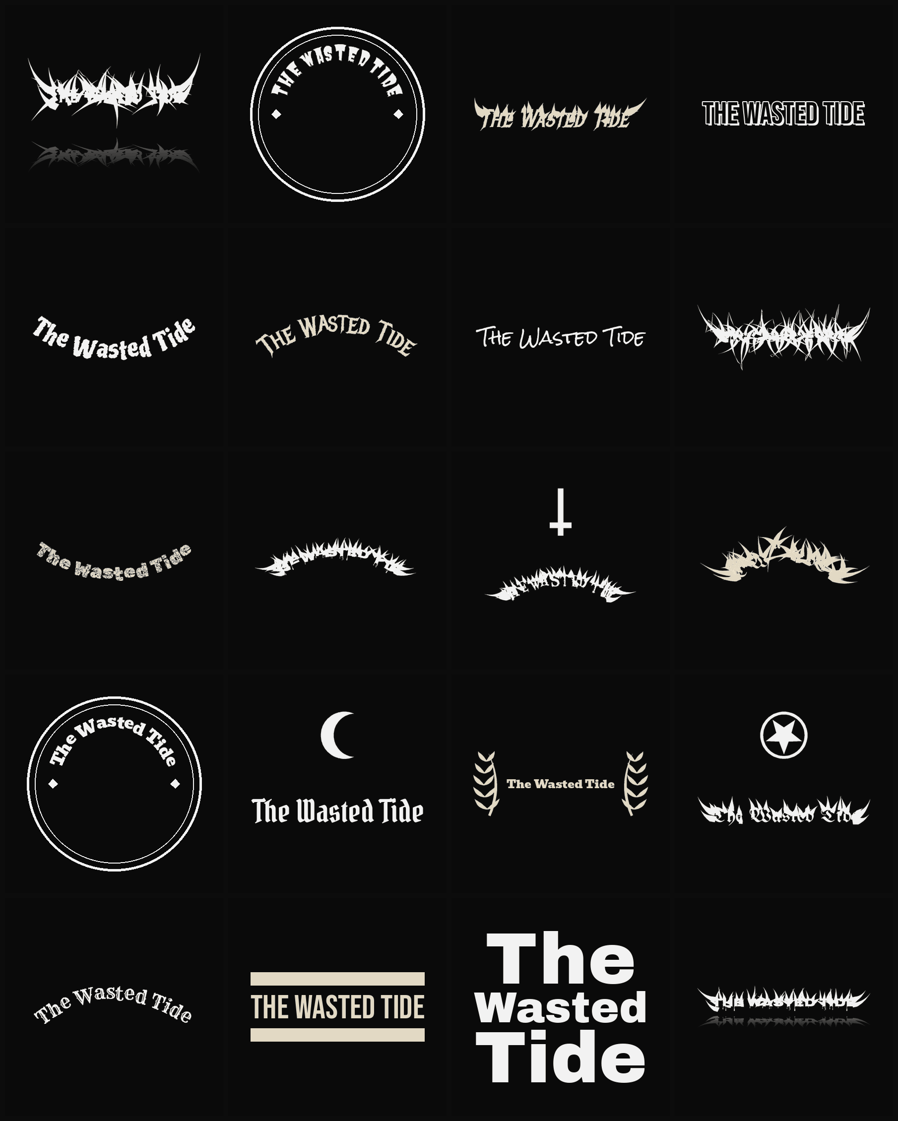 Twenty The Wasted Tide band logo ideas — different faces, treatments and spike settings