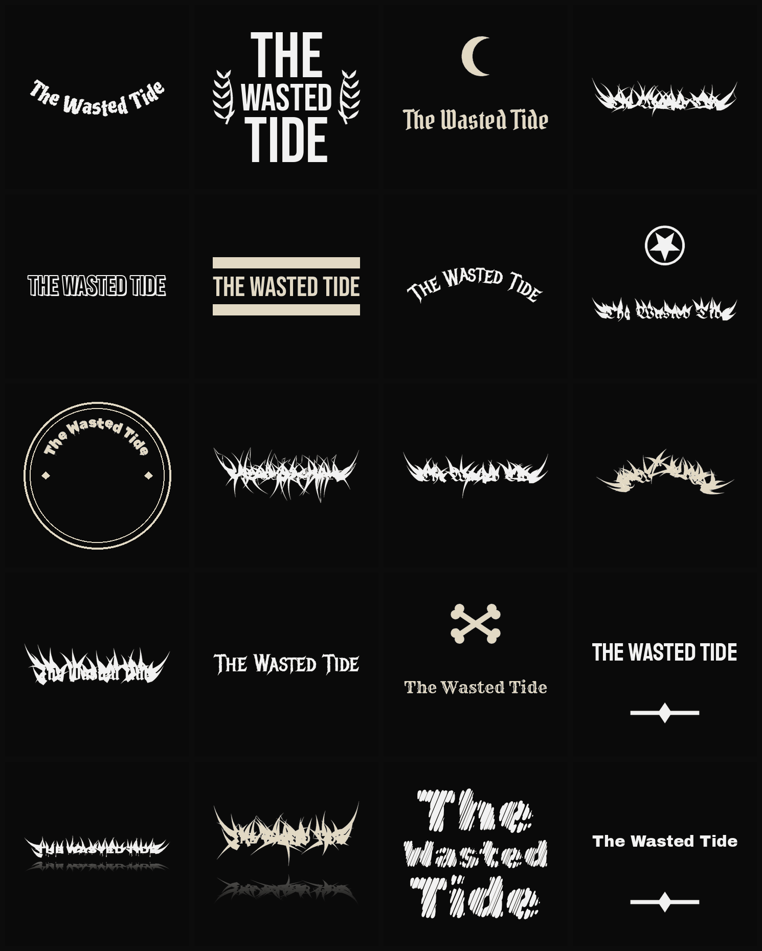 Twenty The Wasted Tide band logo ideas — different faces, treatments and spike settings