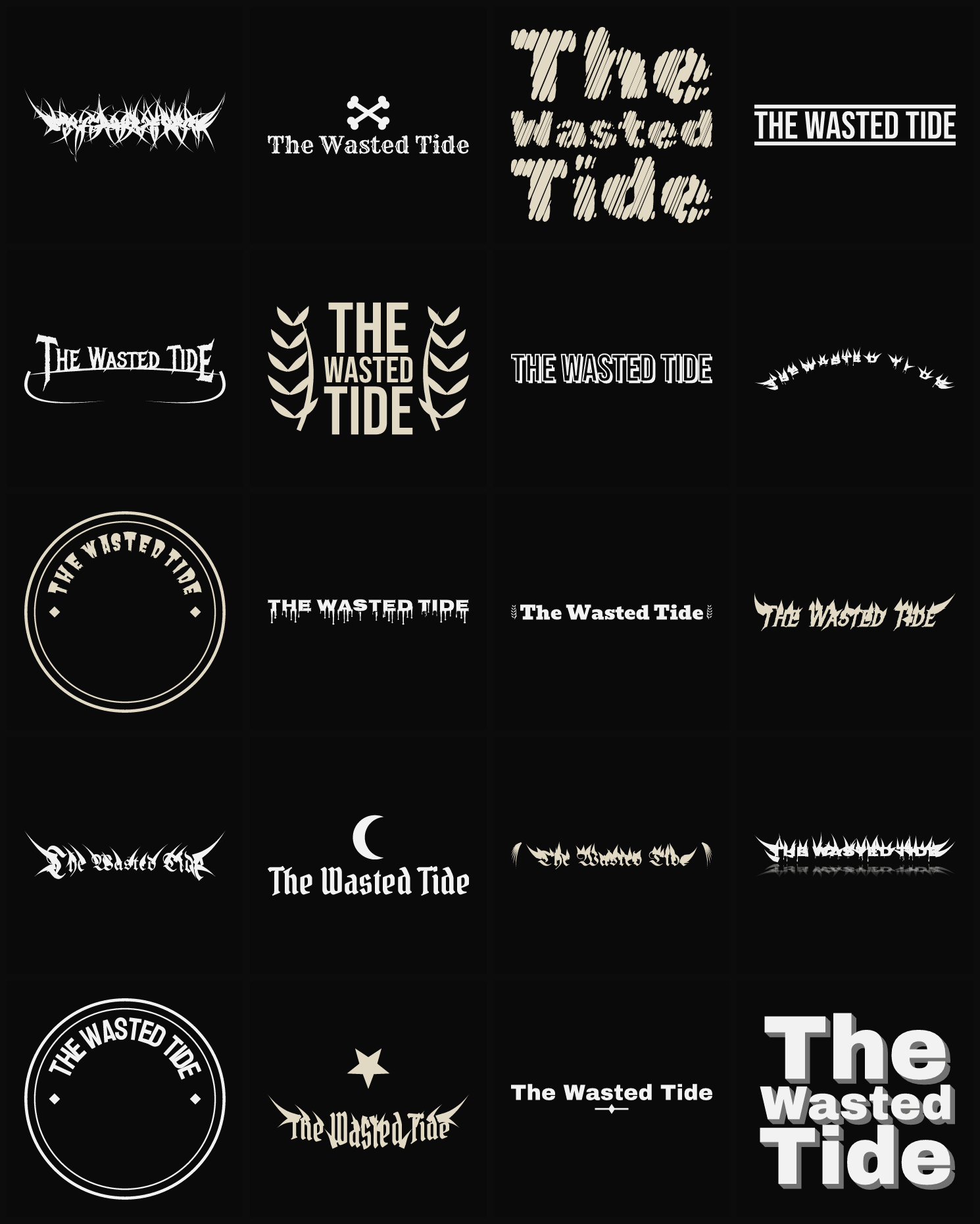 Twenty The Wasted Tide band logo ideas — different faces, treatments and spike settings