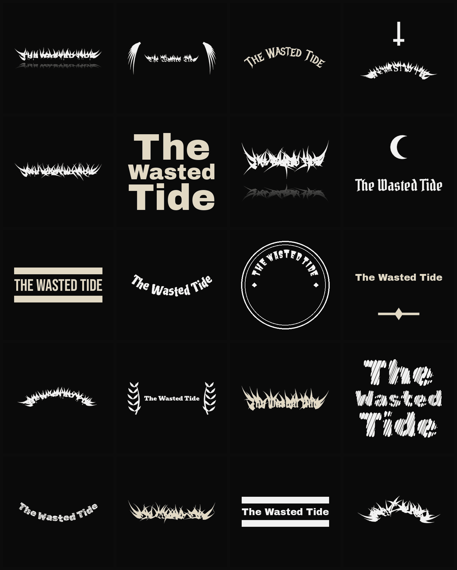Twenty The Wasted Tide band logo ideas — different faces, treatments and spike settings
