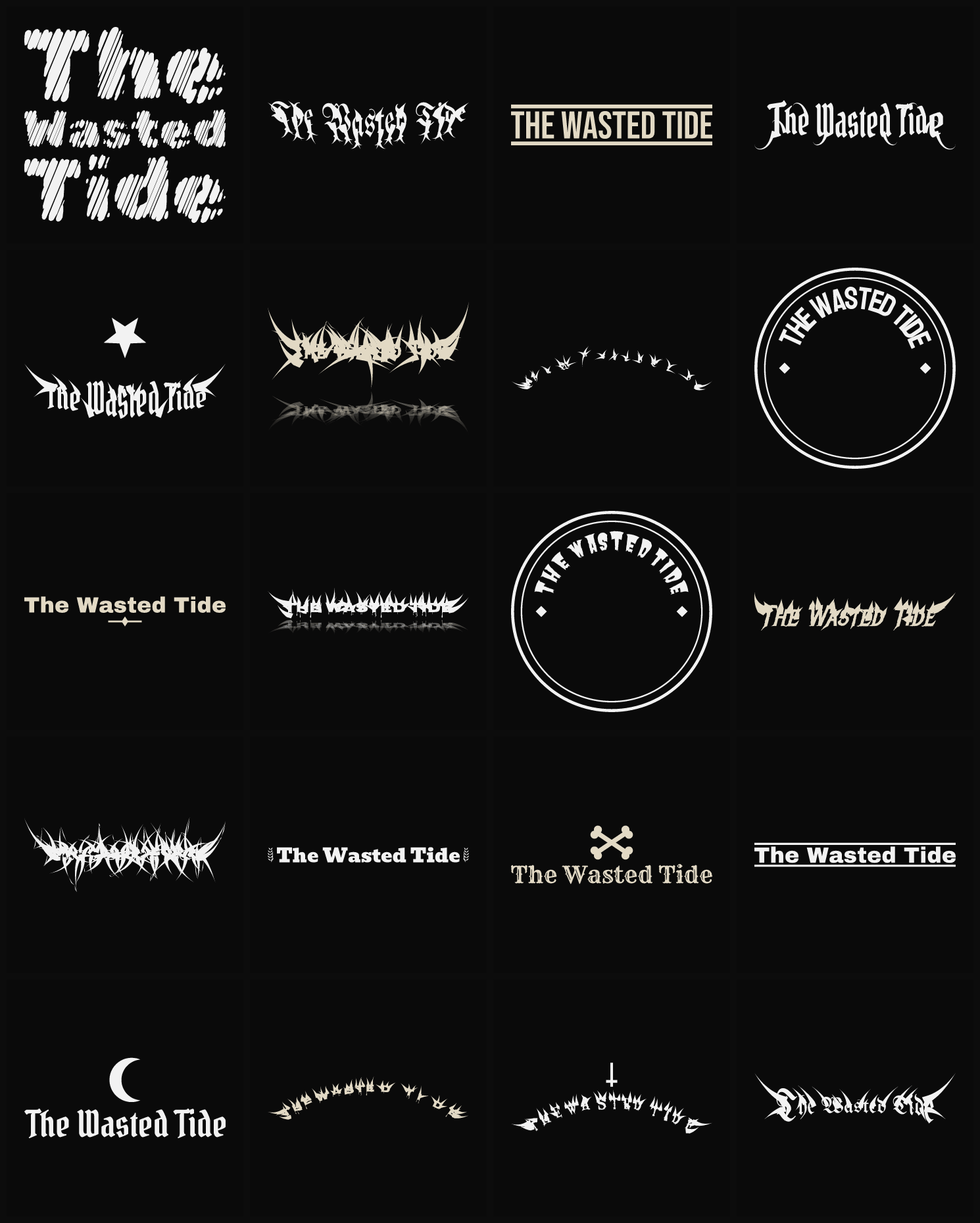Twenty The Wasted Tide band logo ideas — different faces, treatments and spike settings