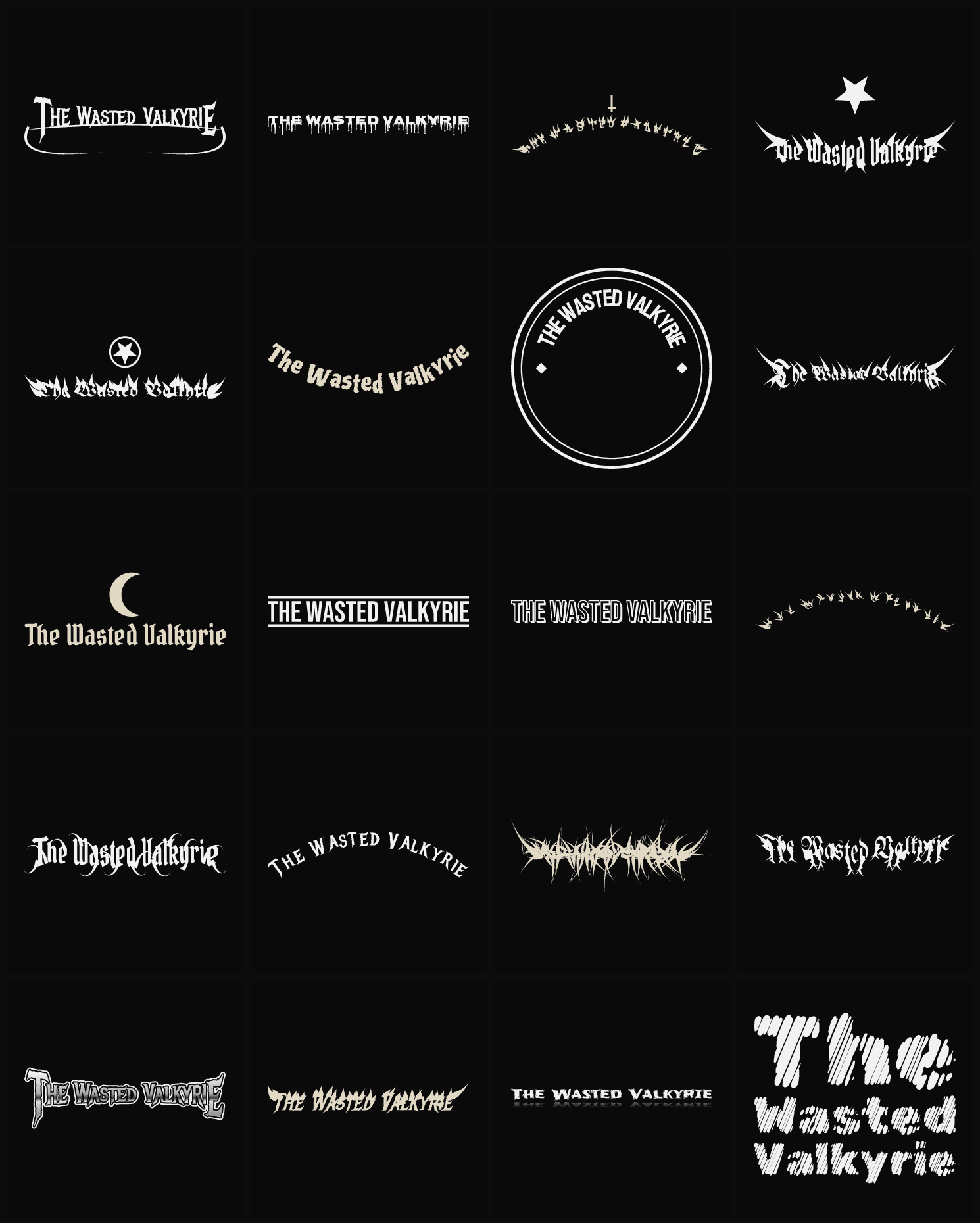 Twenty The Wasted Valkyrie band logo ideas — different faces, treatments and spike settings