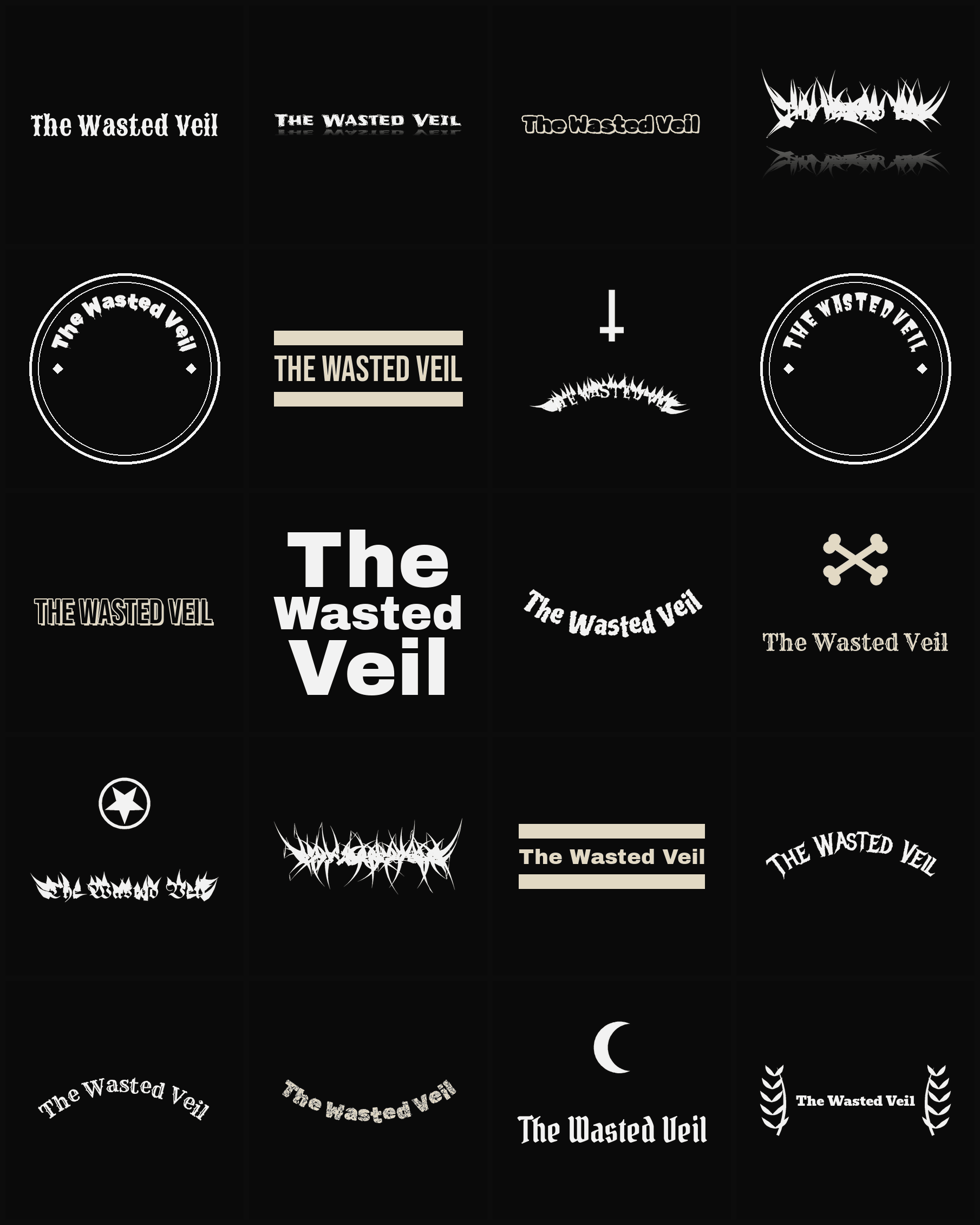 Twenty The Wasted Veil band logo ideas — different faces, treatments and spike settings