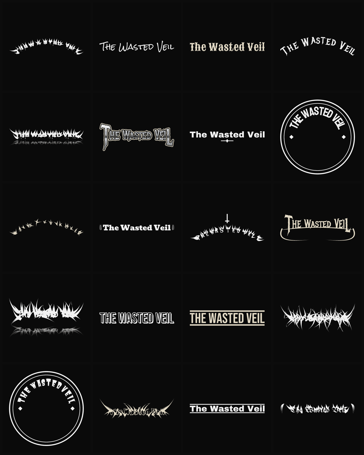 Twenty The Wasted Veil band logo ideas — different faces, treatments and spike settings