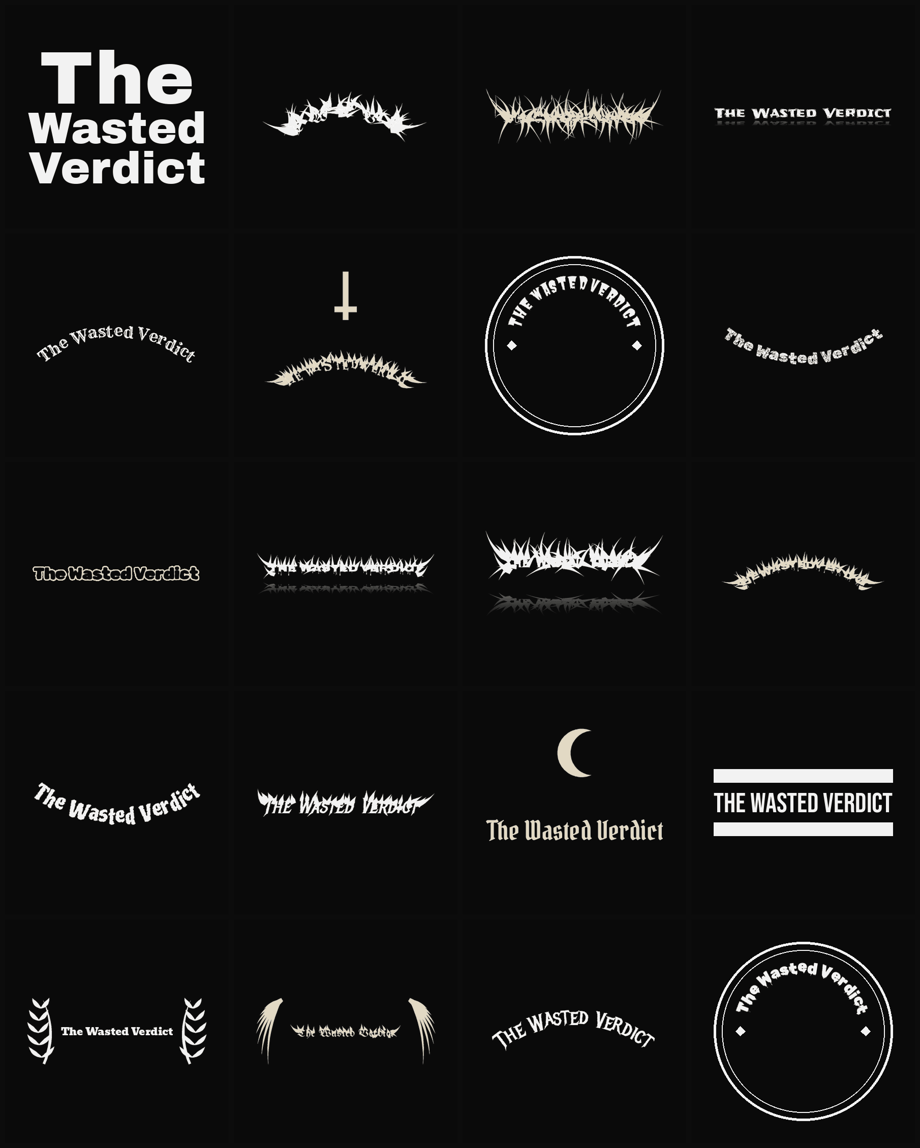 Twenty The Wasted Verdict band logo ideas — different faces, treatments and spike settings