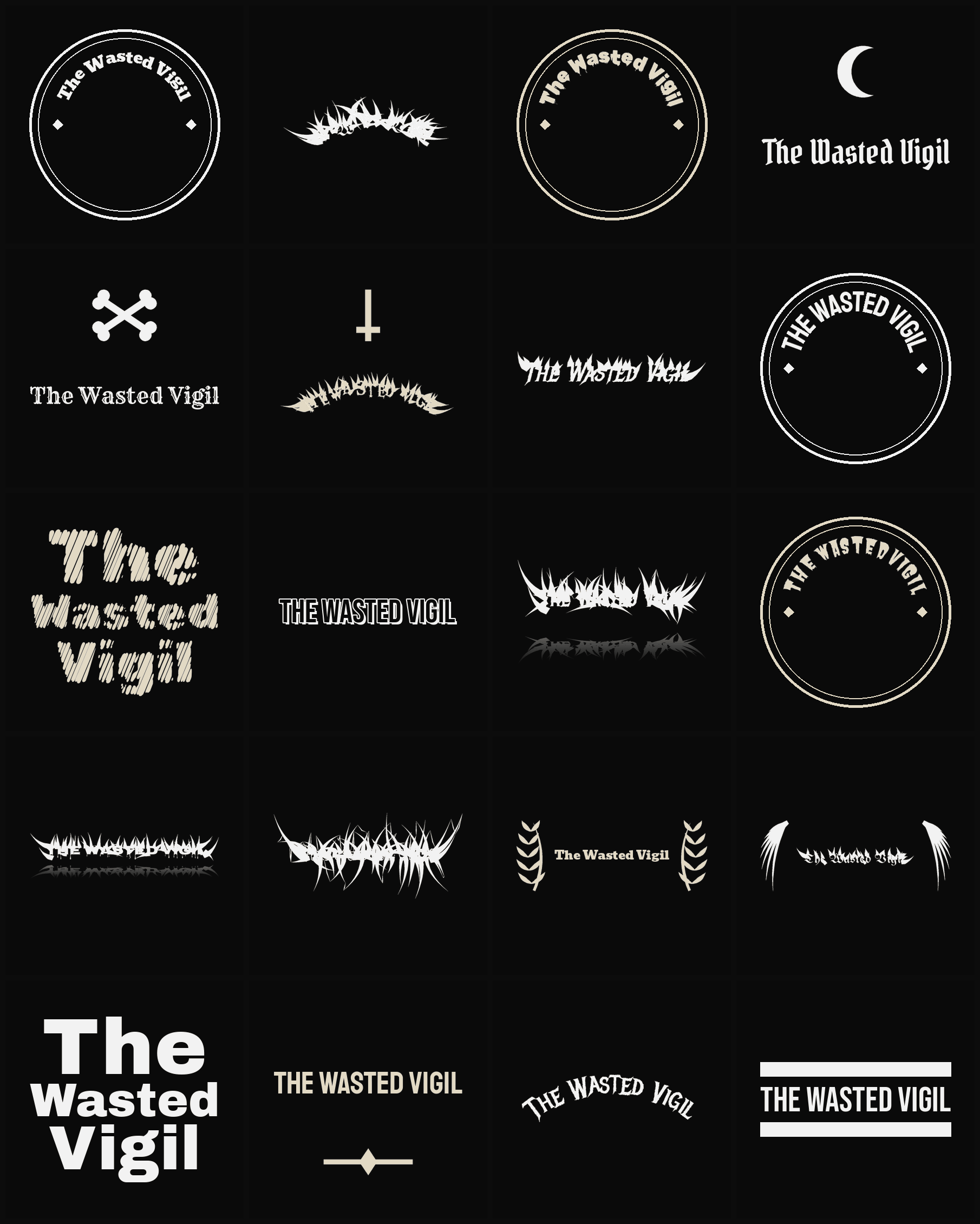 Twenty The Wasted Vigil band logo ideas — different faces, treatments and spike settings