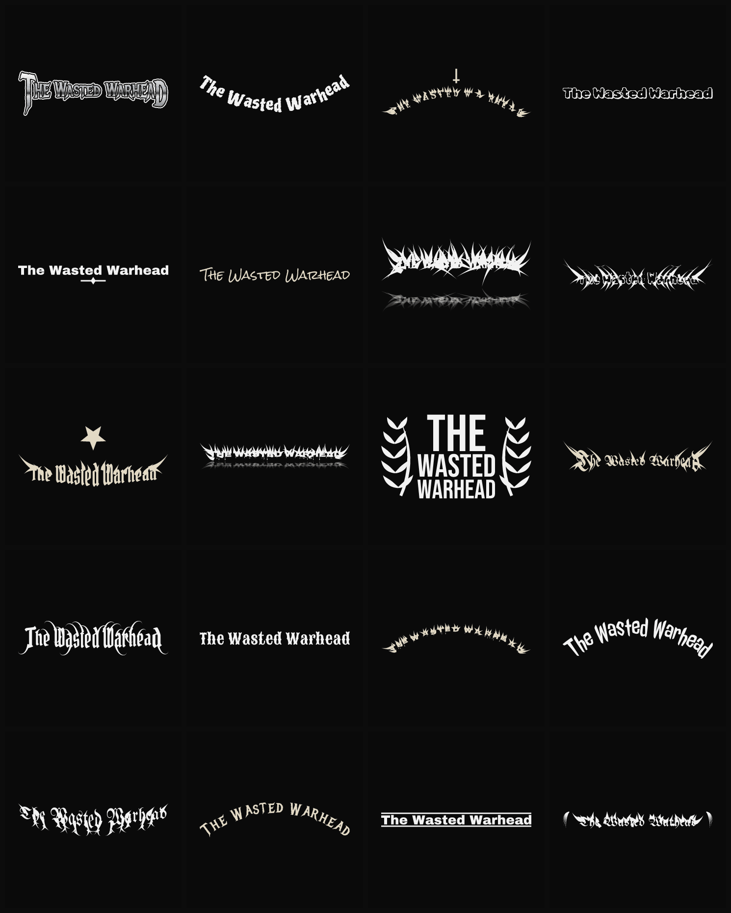 Twenty The Wasted Warhead band logo ideas — different faces, treatments and spike settings
