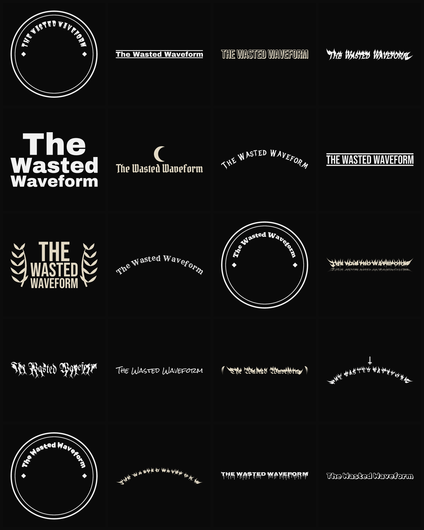 Twenty The Wasted Waveform band logo ideas — different faces, treatments and spike settings