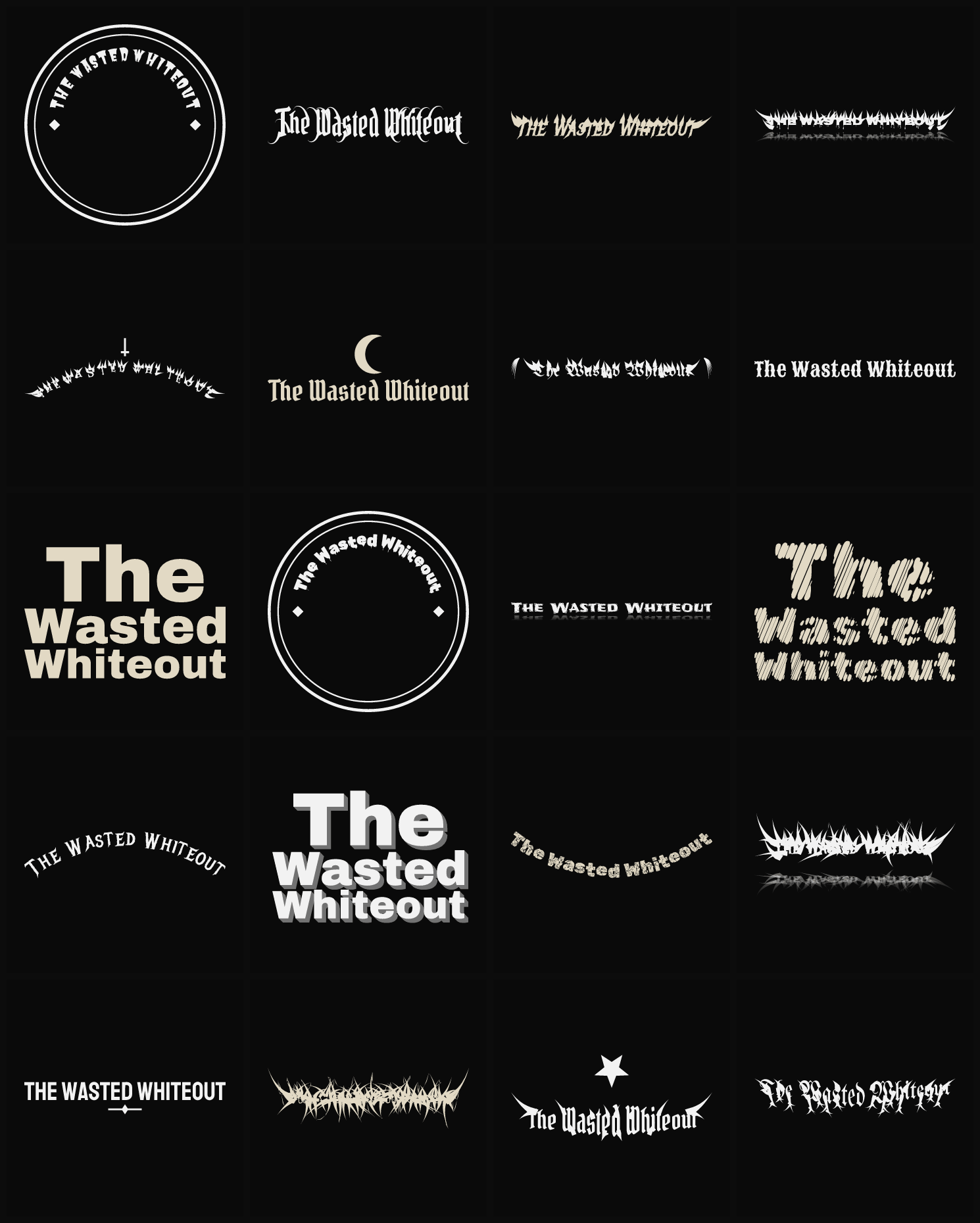 Twenty The Wasted Whiteout band logo ideas — different faces, treatments and spike settings