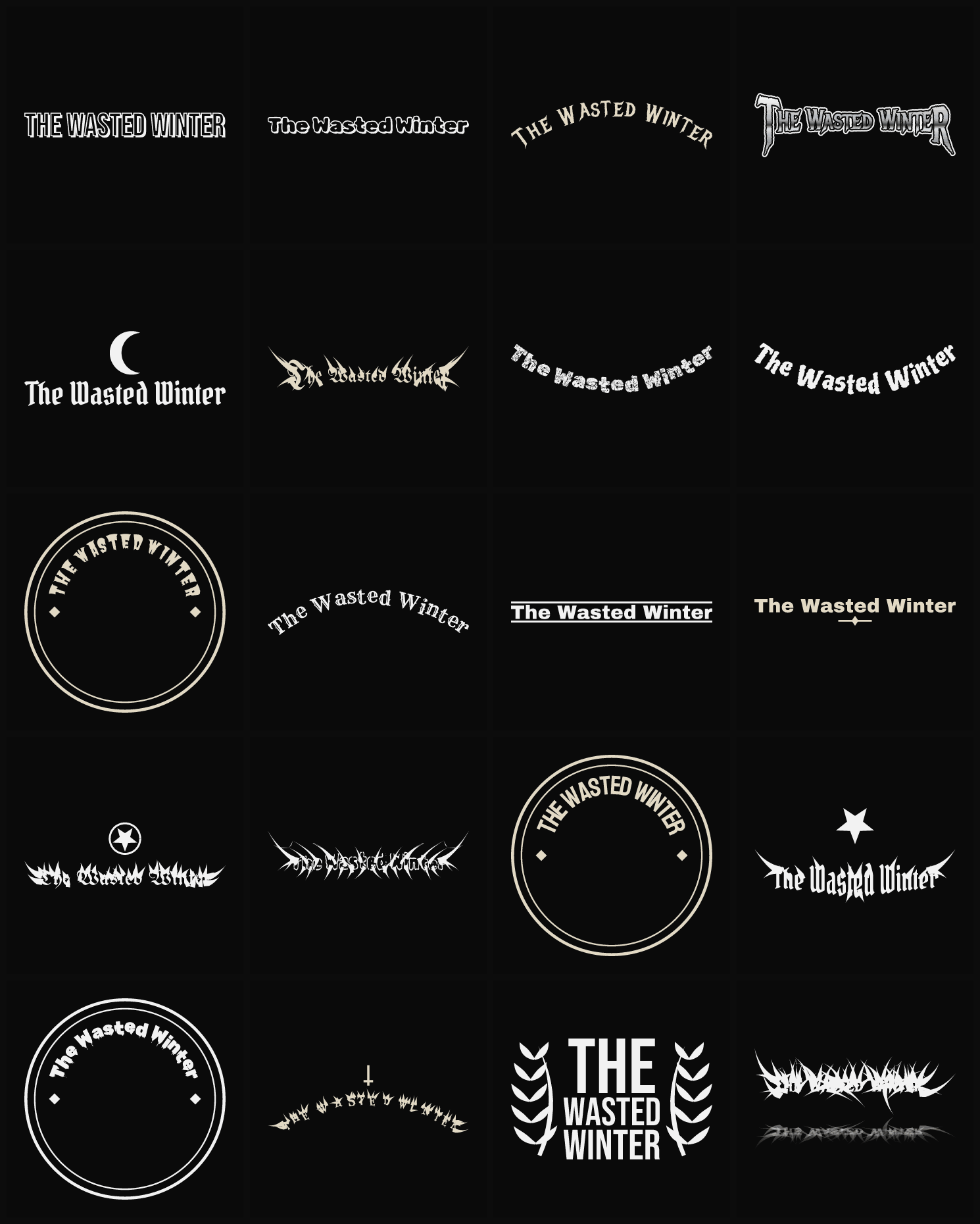 Twenty The Wasted Winter band logo ideas — different faces, treatments and spike settings