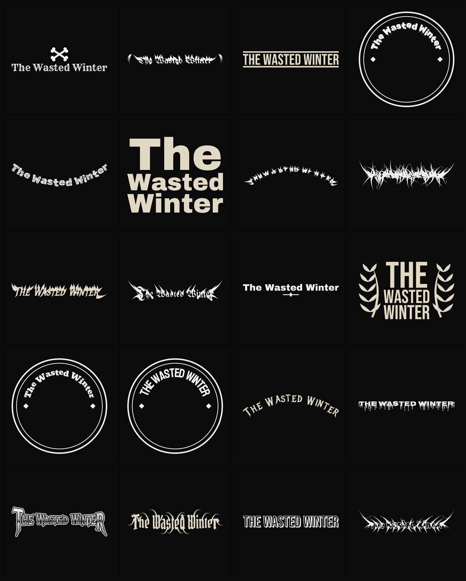 Twenty The Wasted Winter band logo ideas — different faces, treatments and spike settings