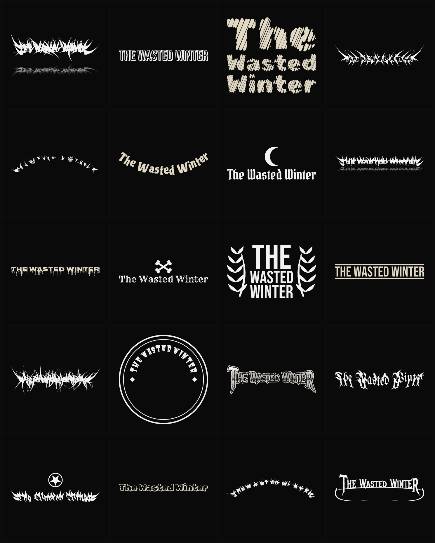 Twenty The Wasted Winter band logo ideas — different faces, treatments and spike settings