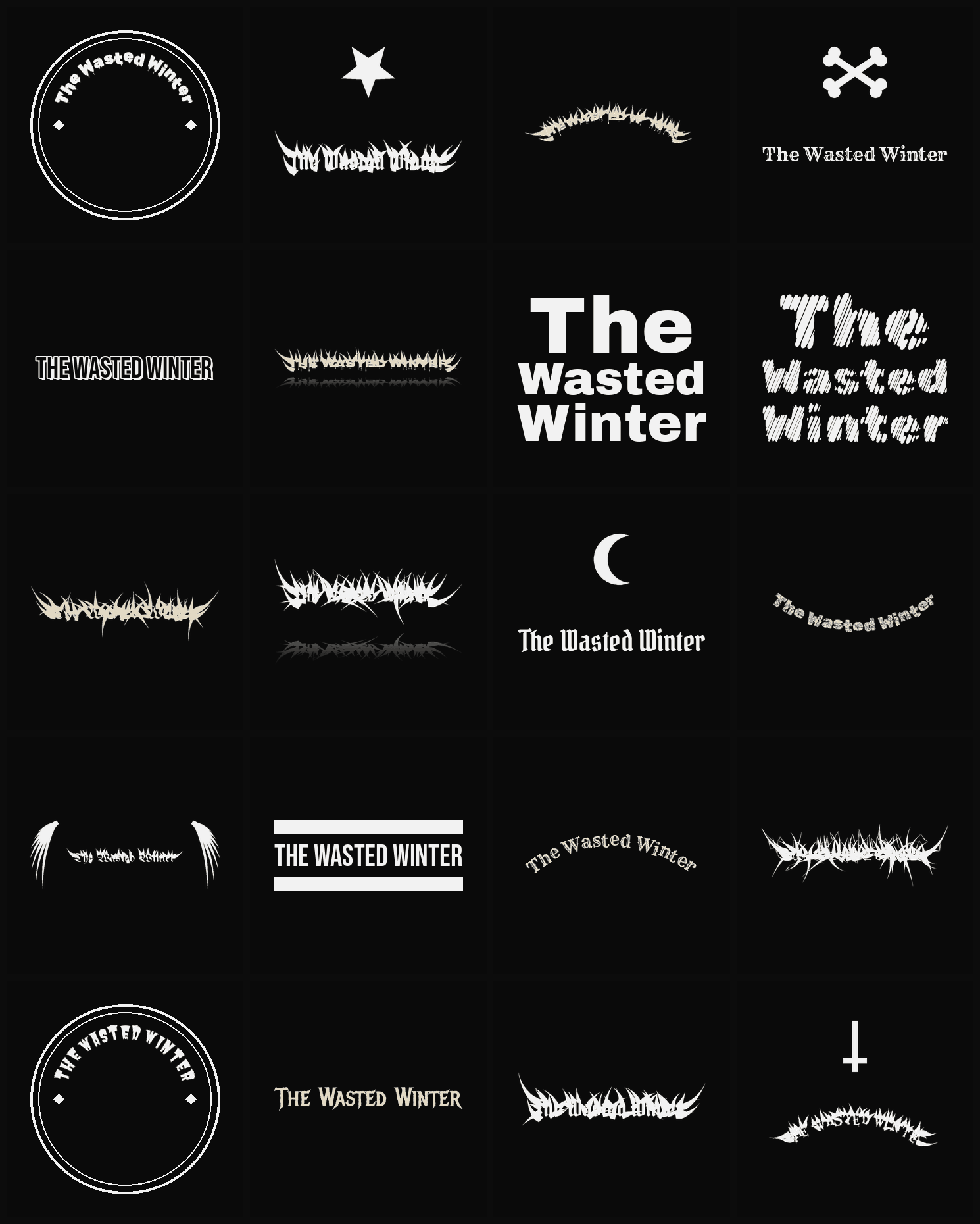Twenty The Wasted Winter band logo ideas — different faces, treatments and spike settings