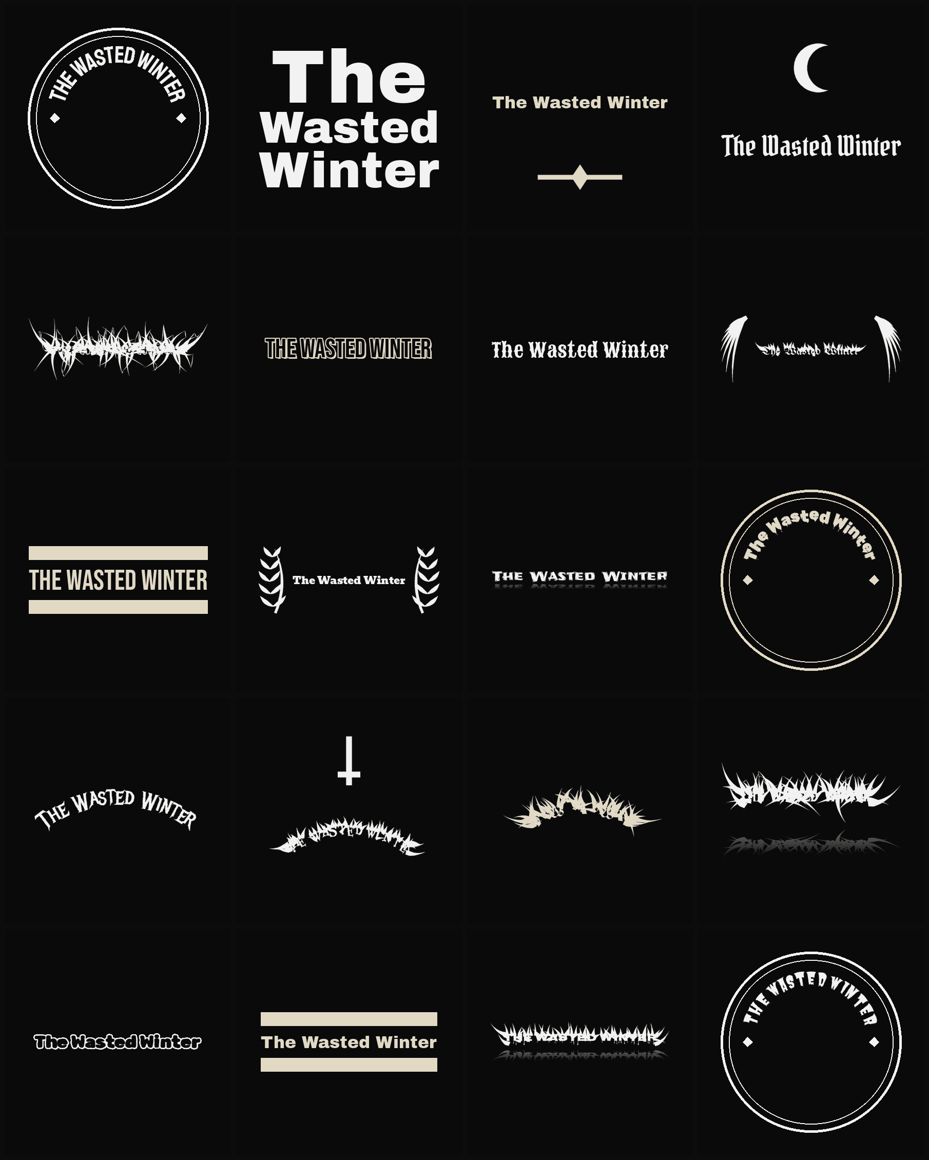 Twenty The Wasted Winter band logo ideas — different faces, treatments and spike settings