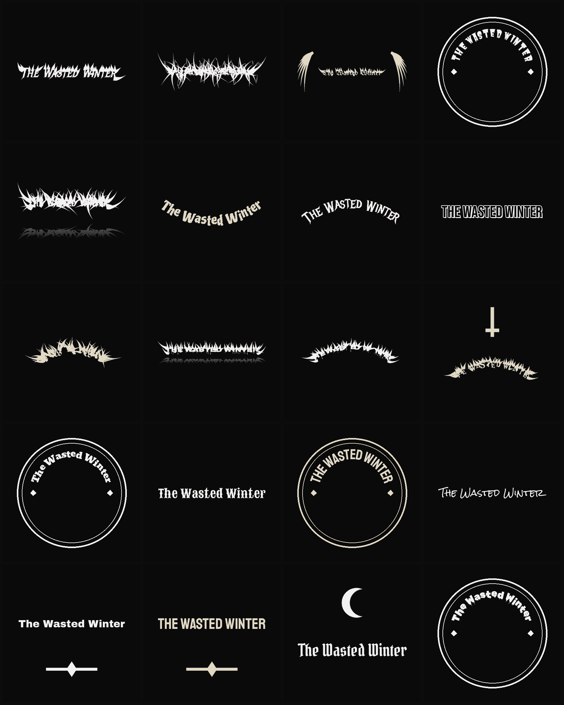 Twenty The Wasted Winter band logo ideas — different faces, treatments and spike settings