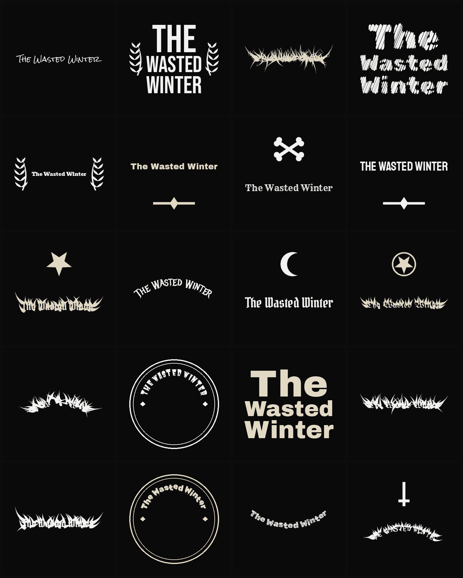 Twenty The Wasted Winter band logo ideas — different faces, treatments and spike settings