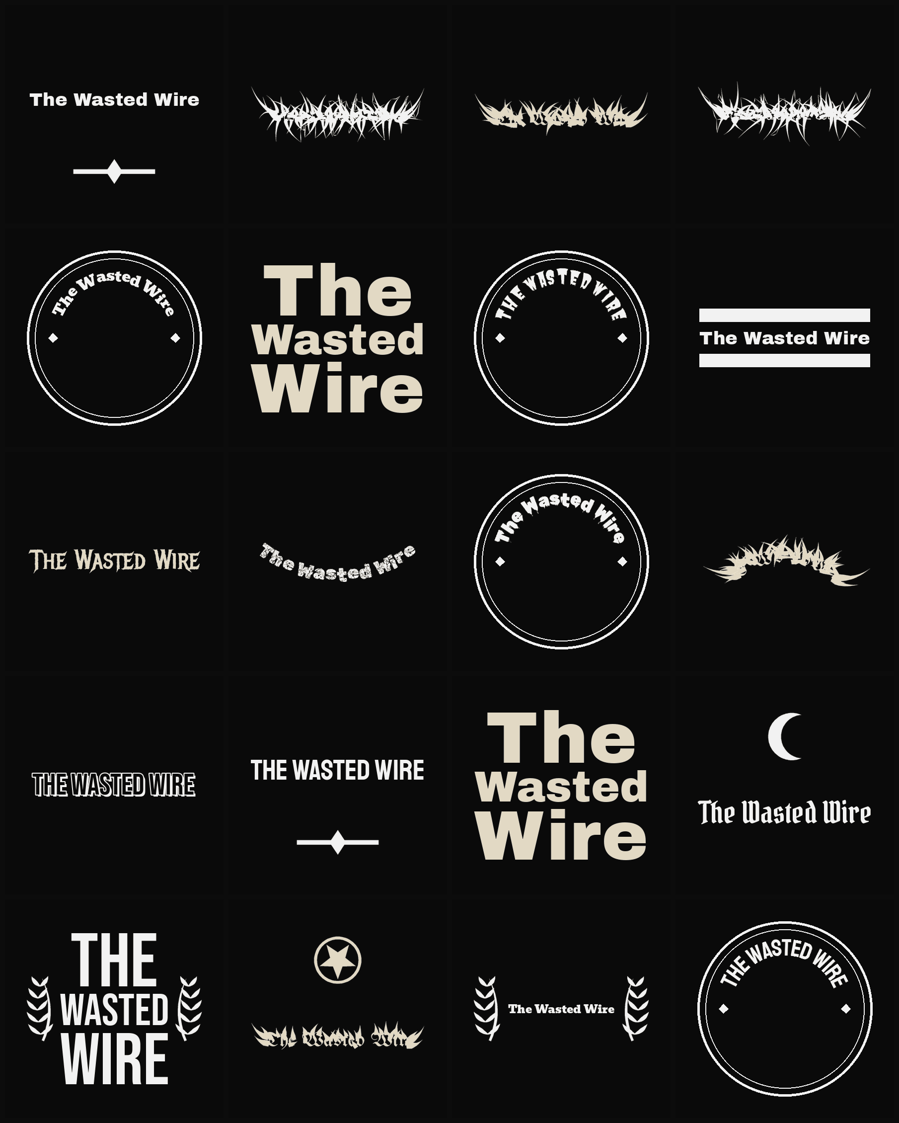 Twenty The Wasted Wire band logo ideas — different faces, treatments and spike settings