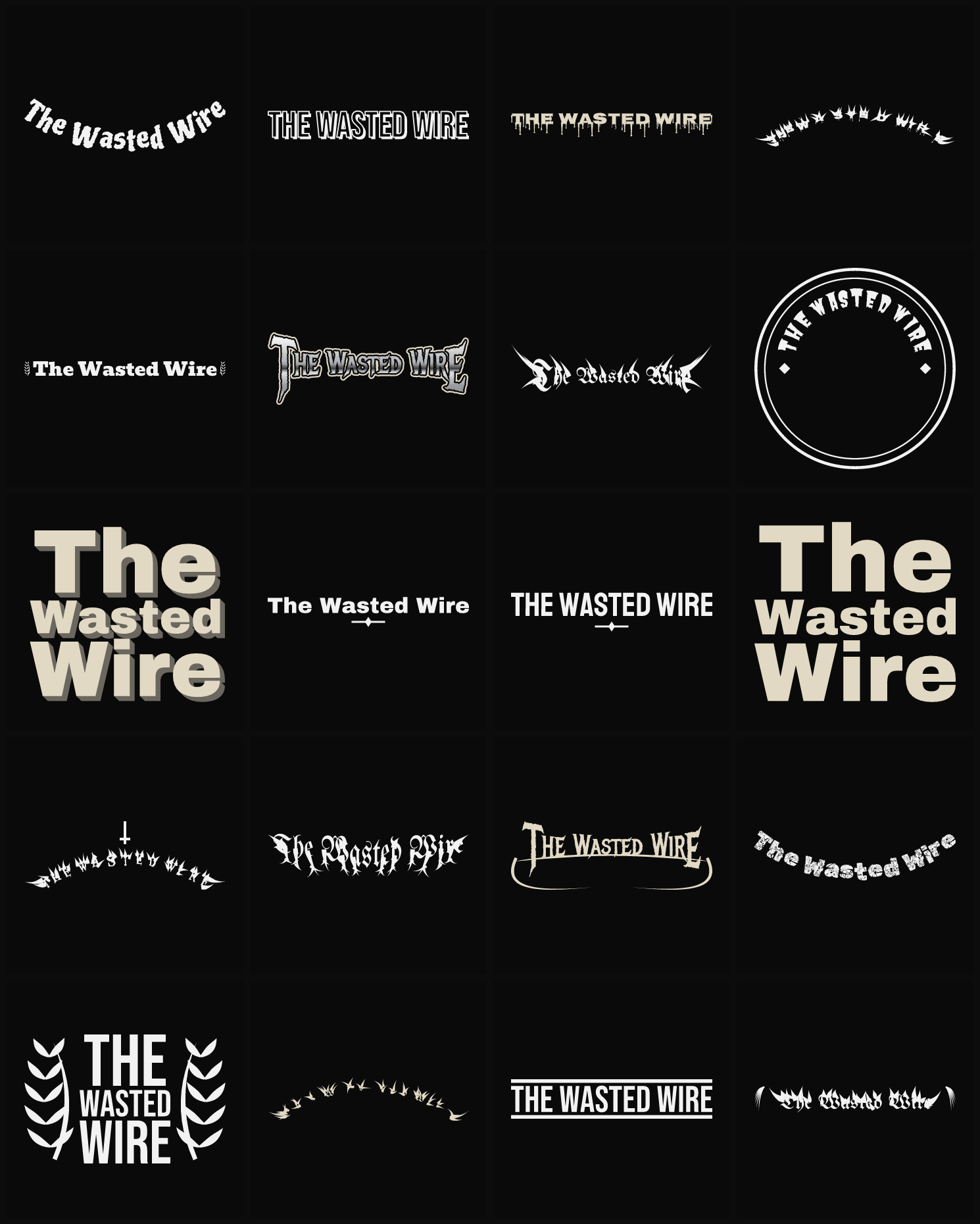 Twenty The Wasted Wire band logo ideas — different faces, treatments and spike settings
