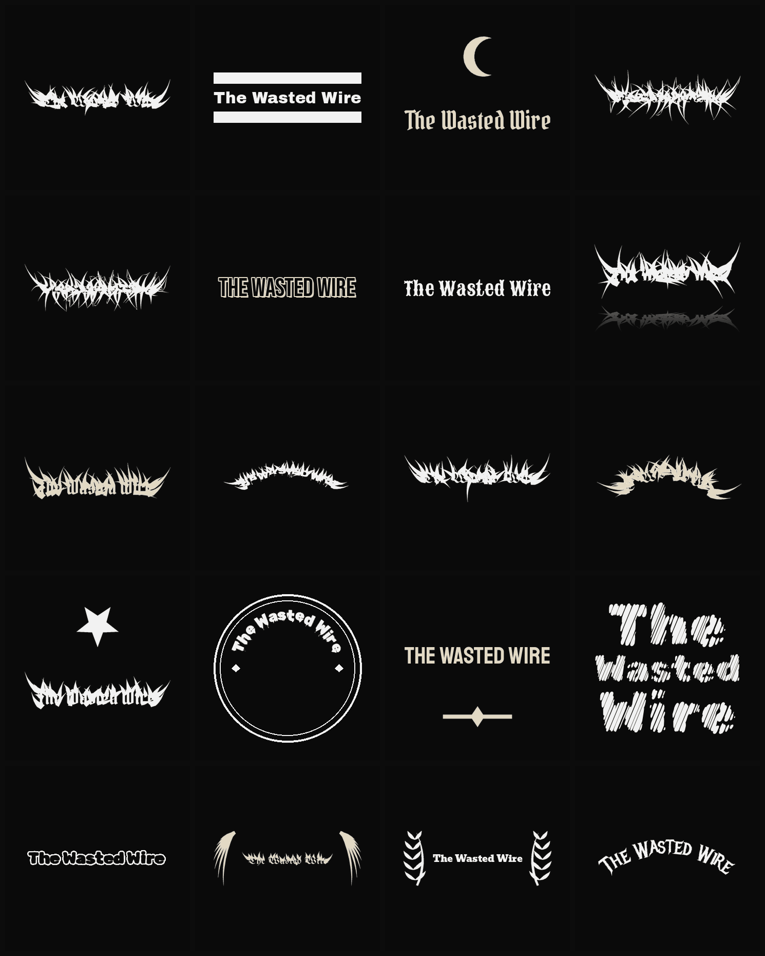 Twenty The Wasted Wire band logo ideas — different faces, treatments and spike settings
