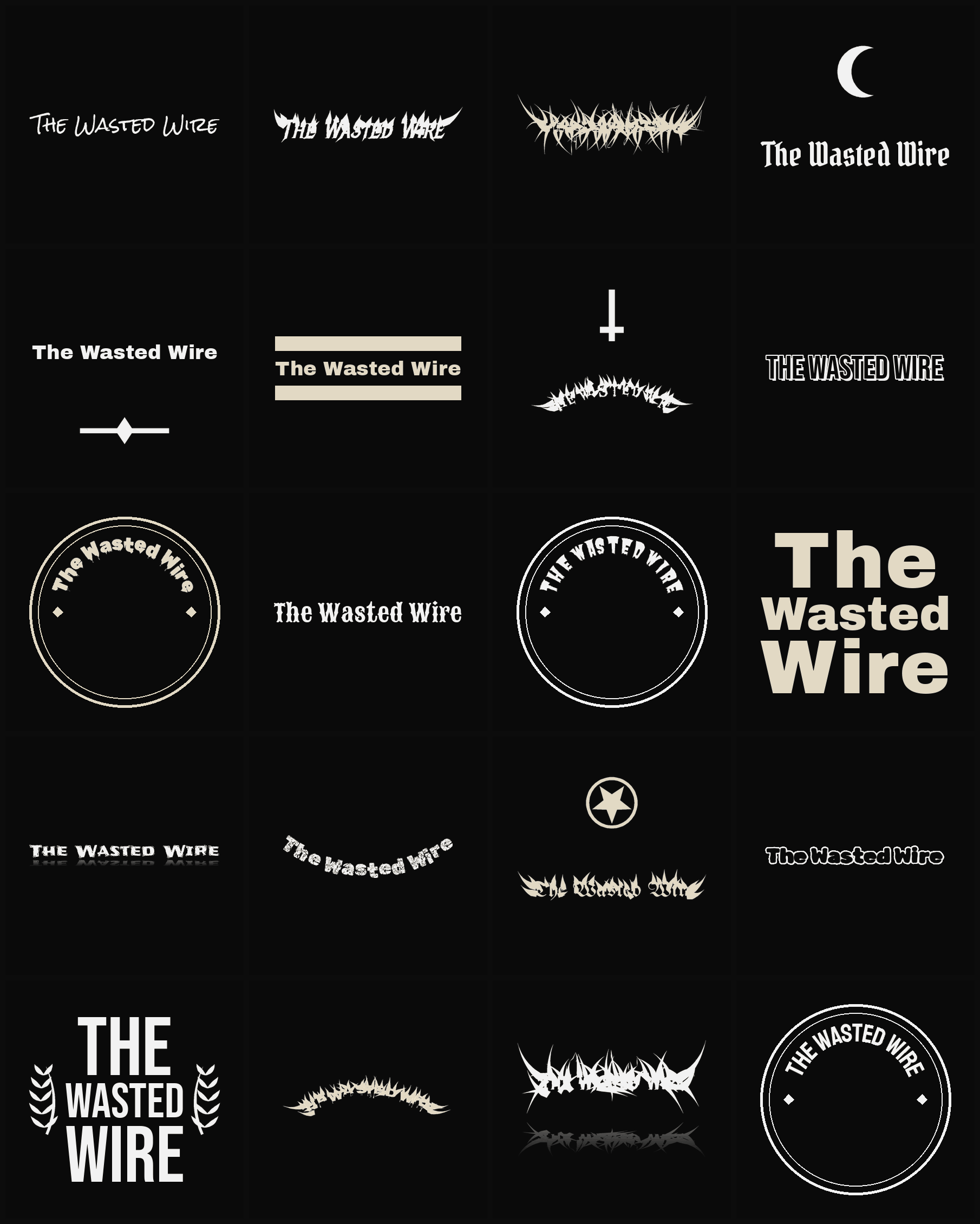 Twenty The Wasted Wire band logo ideas — different faces, treatments and spike settings