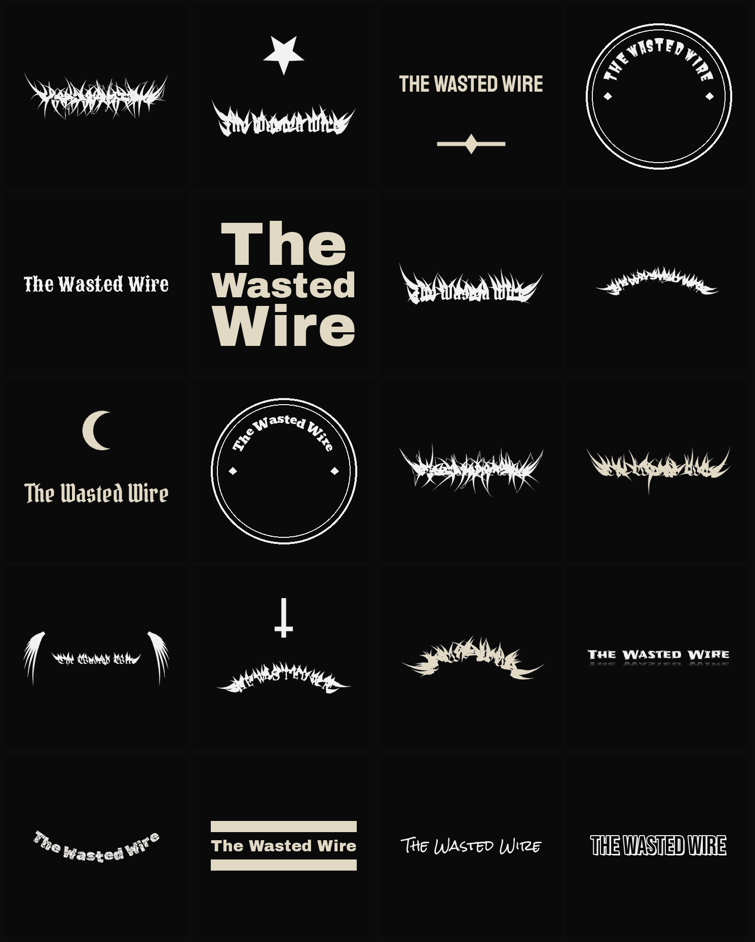 Twenty The Wasted Wire band logo ideas — different faces, treatments and spike settings