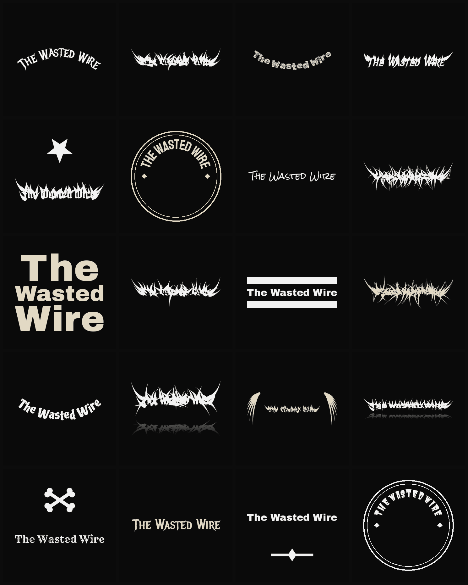 Twenty The Wasted Wire band logo ideas — different faces, treatments and spike settings