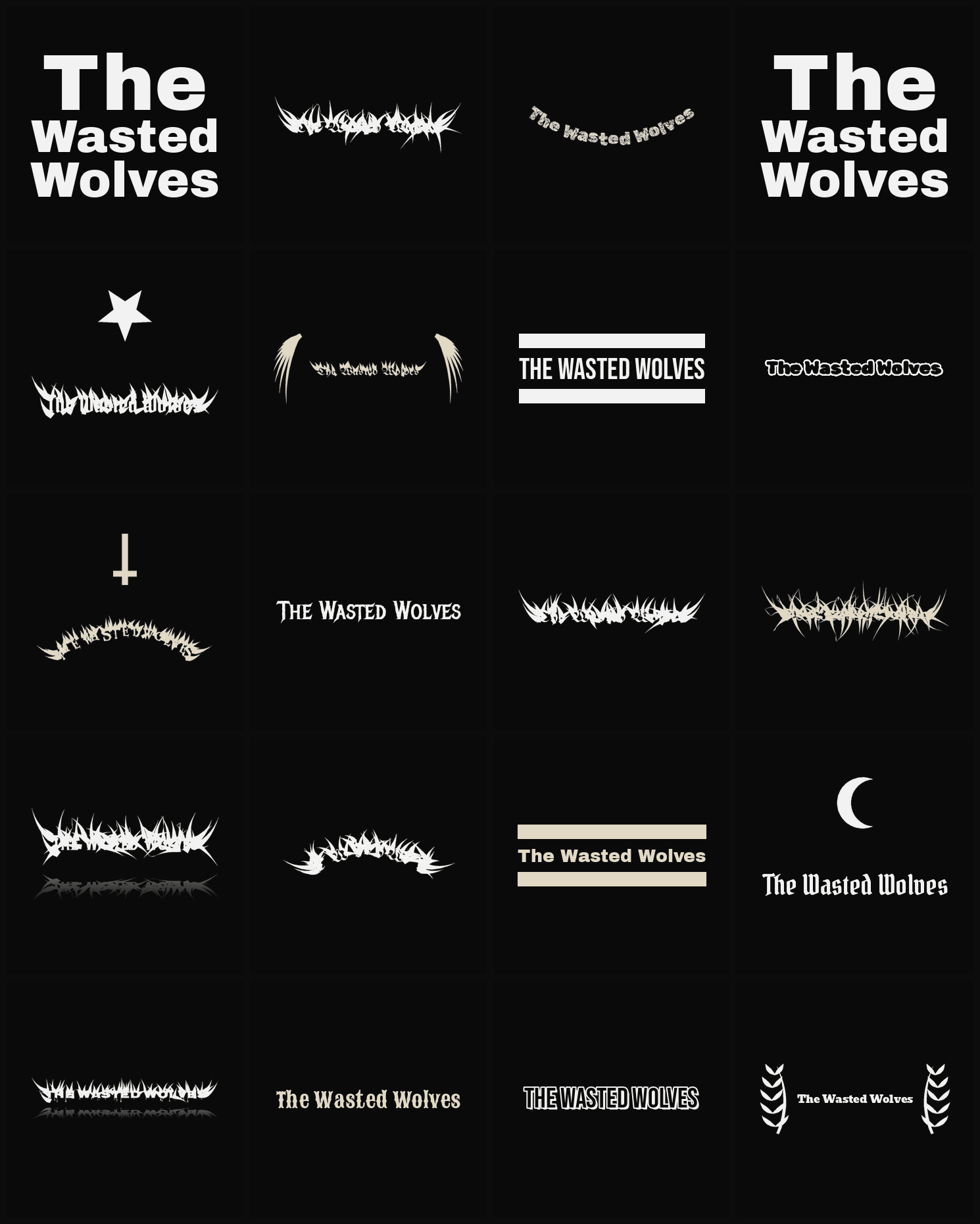 Twenty The Wasted Wolves band logo ideas — different faces, treatments and spike settings