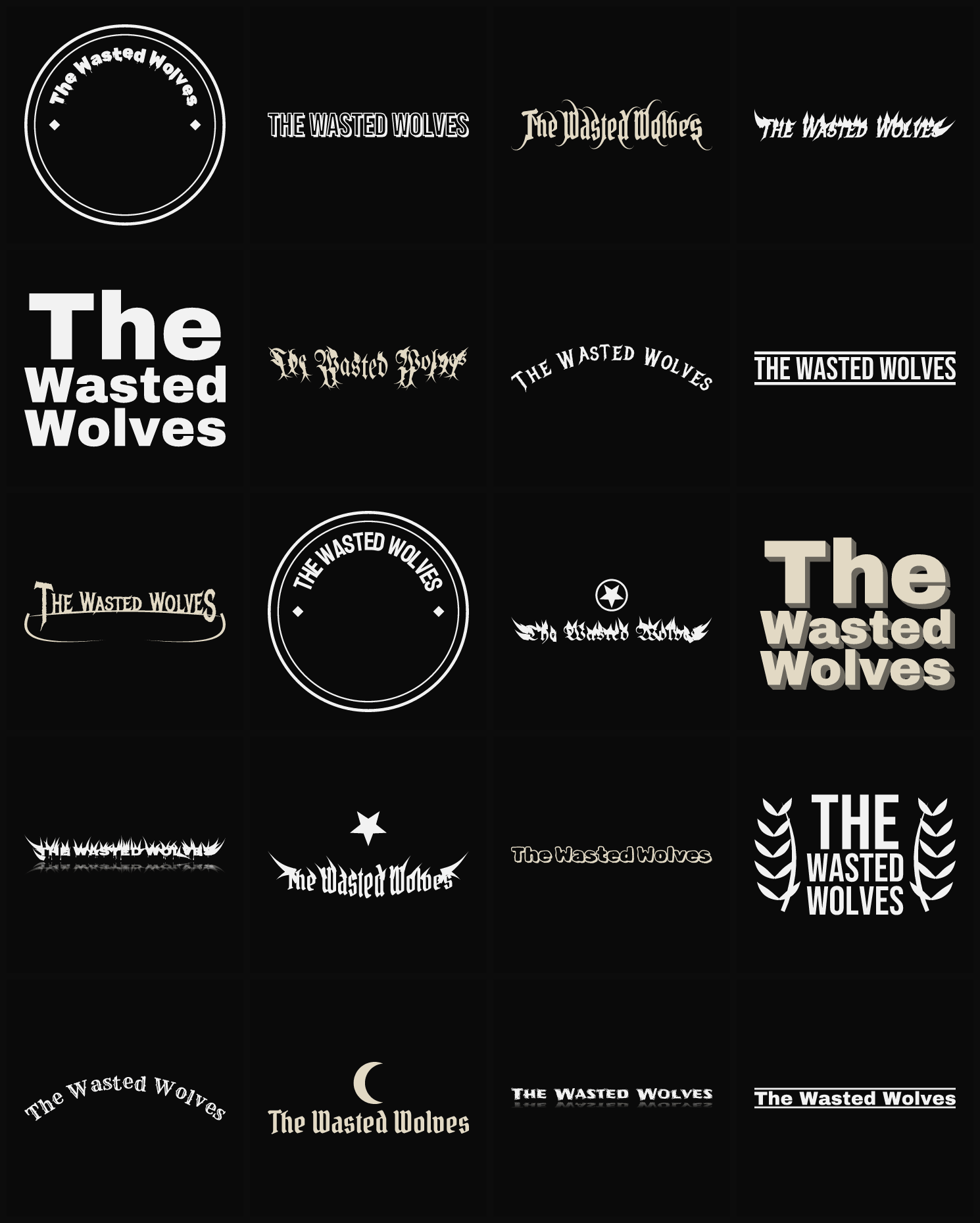 Twenty The Wasted Wolves band logo ideas — different faces, treatments and spike settings
