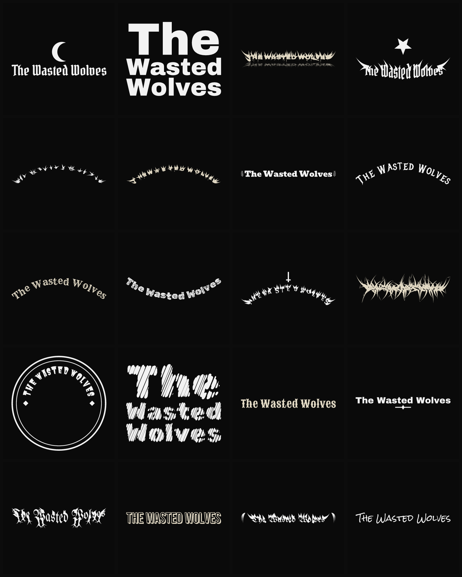Twenty The Wasted Wolves band logo ideas — different faces, treatments and spike settings