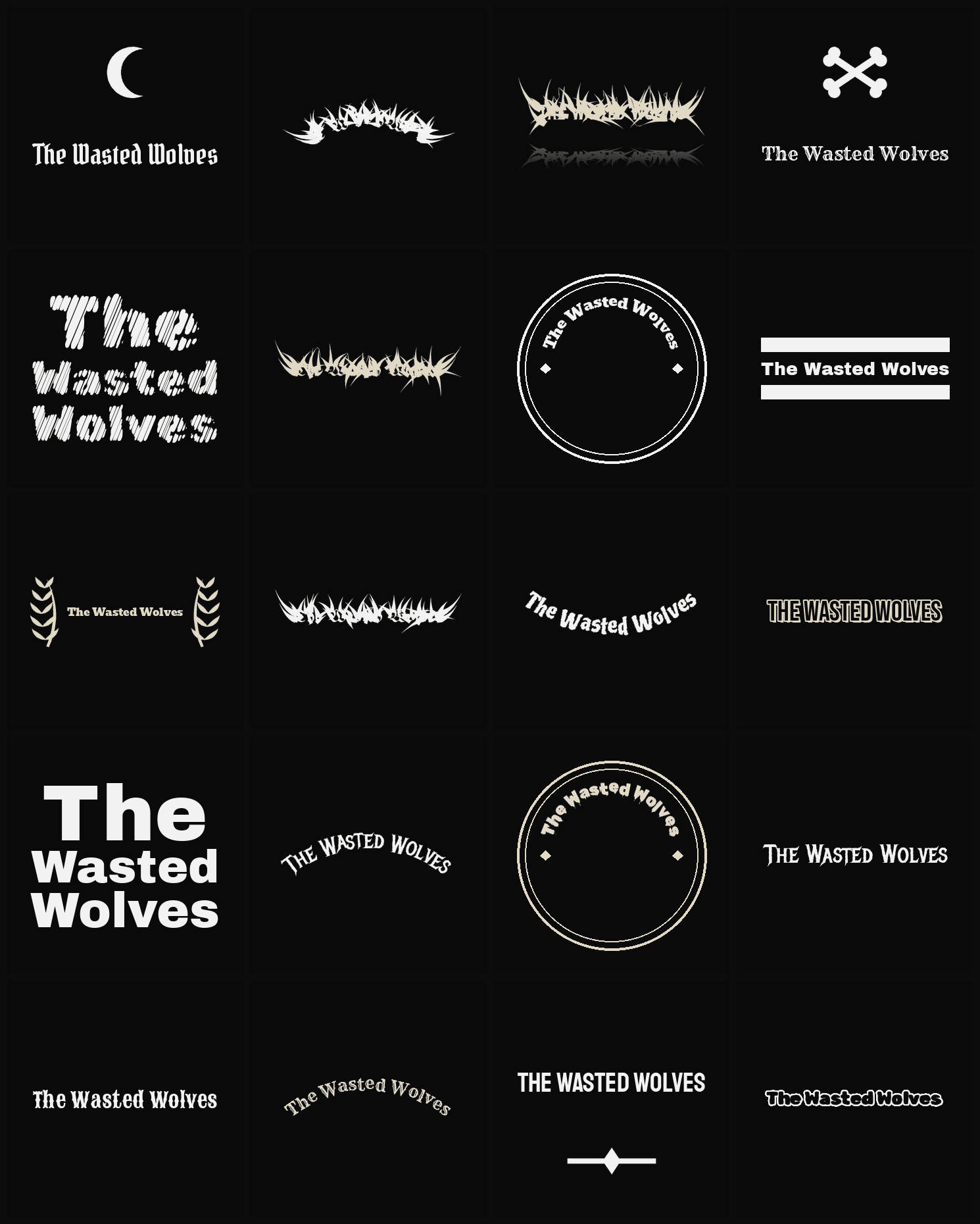 Twenty The Wasted Wolves band logo ideas — different faces, treatments and spike settings