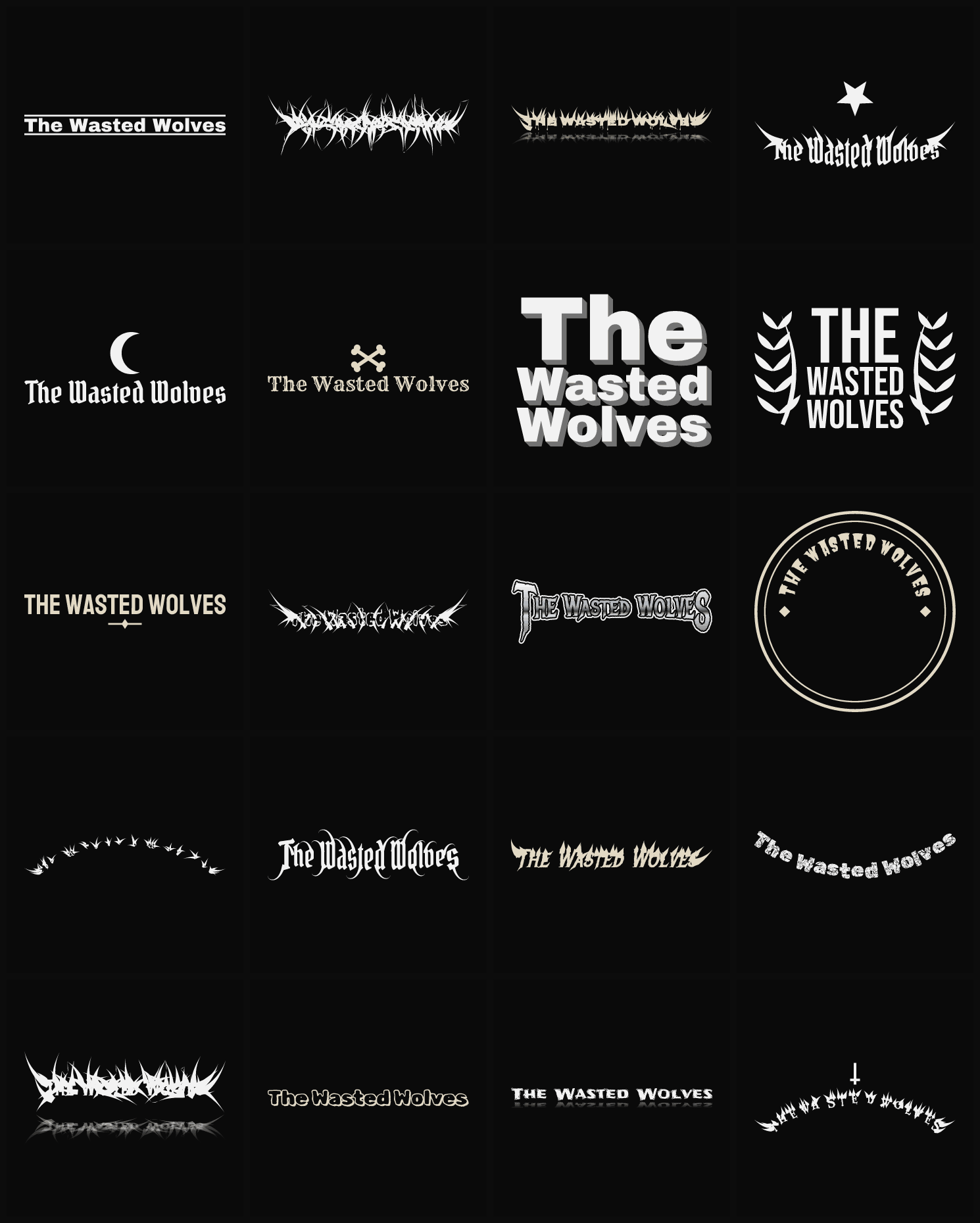 Twenty The Wasted Wolves band logo ideas — different faces, treatments and spike settings