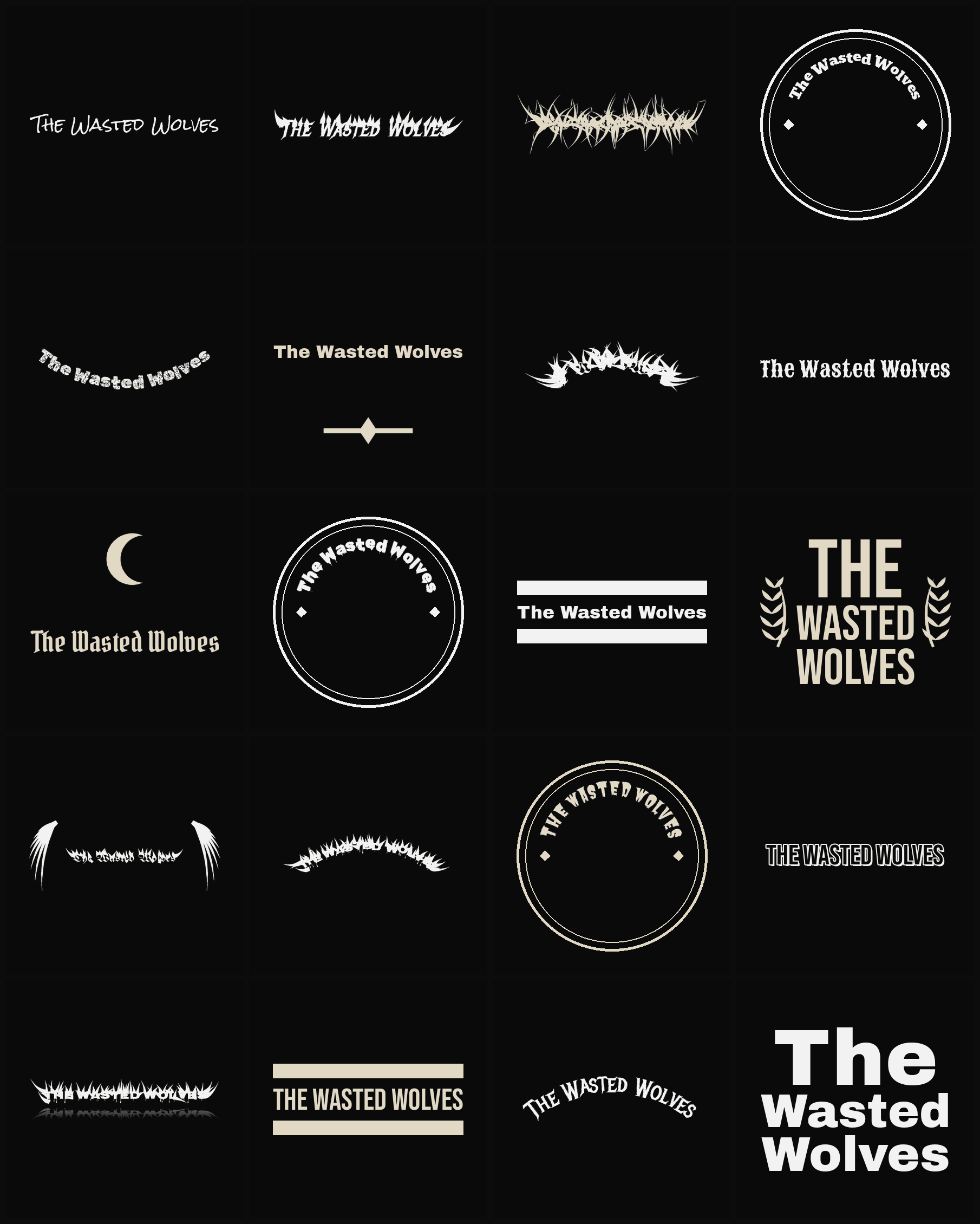 Twenty The Wasted Wolves band logo ideas — different faces, treatments and spike settings