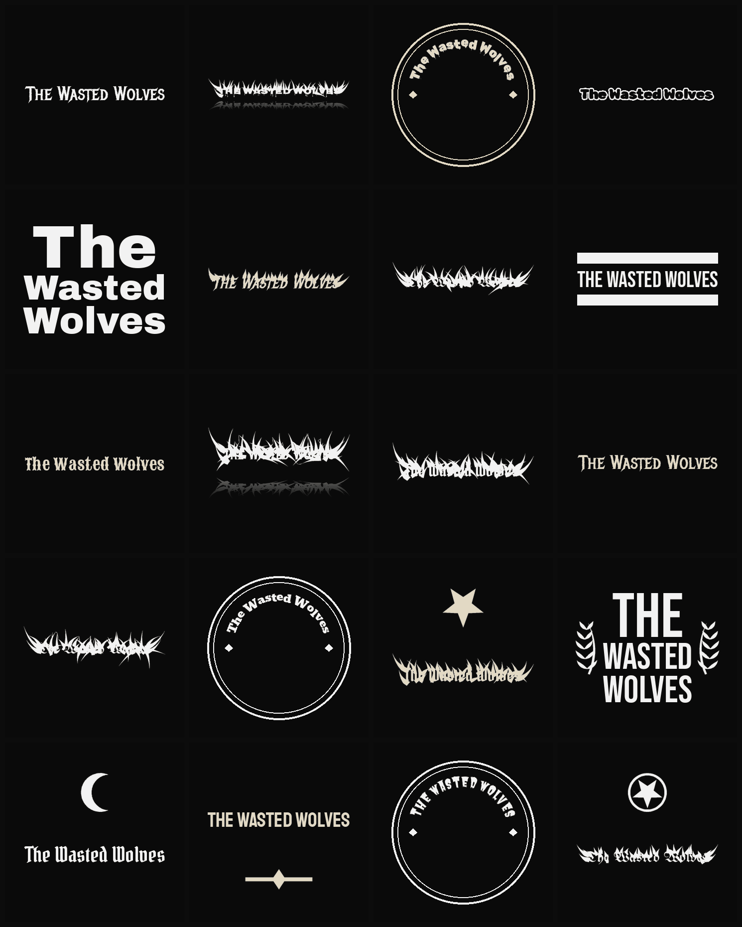Twenty The Wasted Wolves band logo ideas — different faces, treatments and spike settings