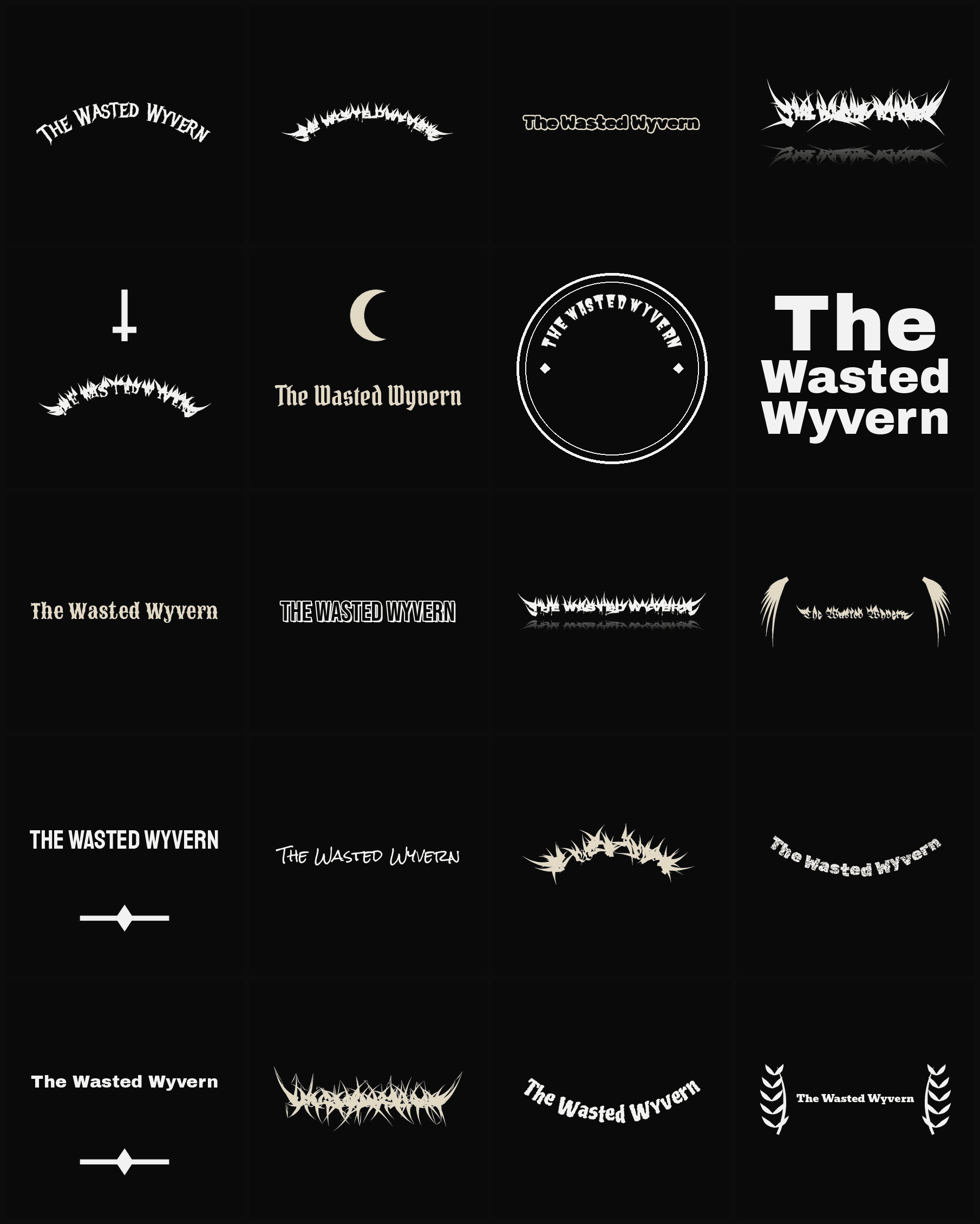 Twenty The Wasted Wyvern band logo ideas — different faces, treatments and spike settings